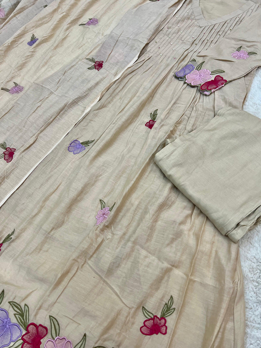 Beige Floral Mul Chanderi Three-Piece Set