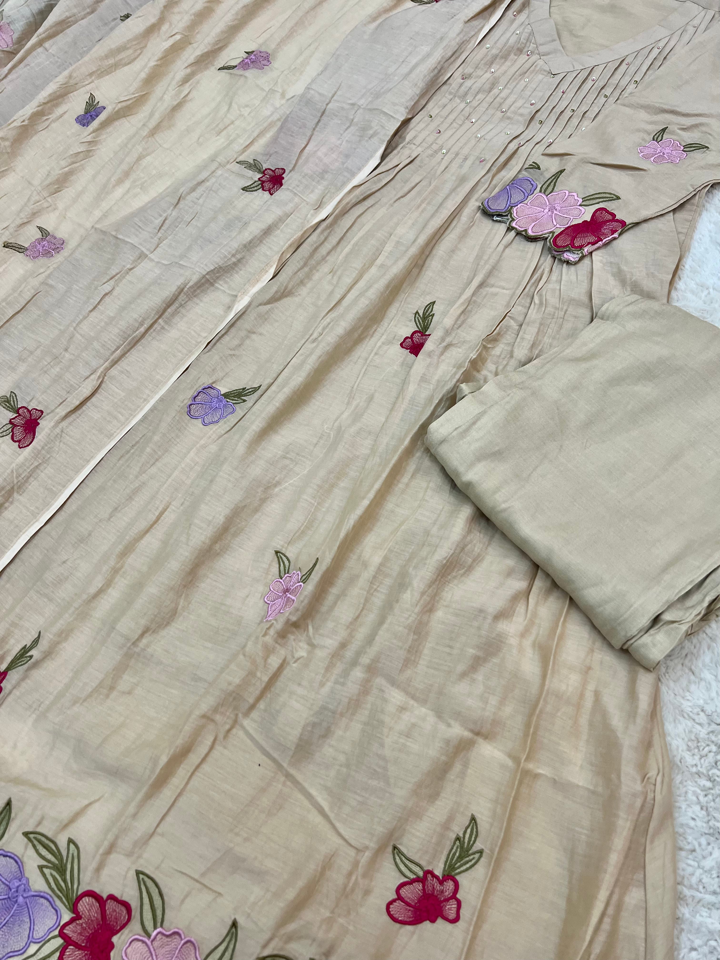 Beige Floral Mul Chanderi Three-Piece Set