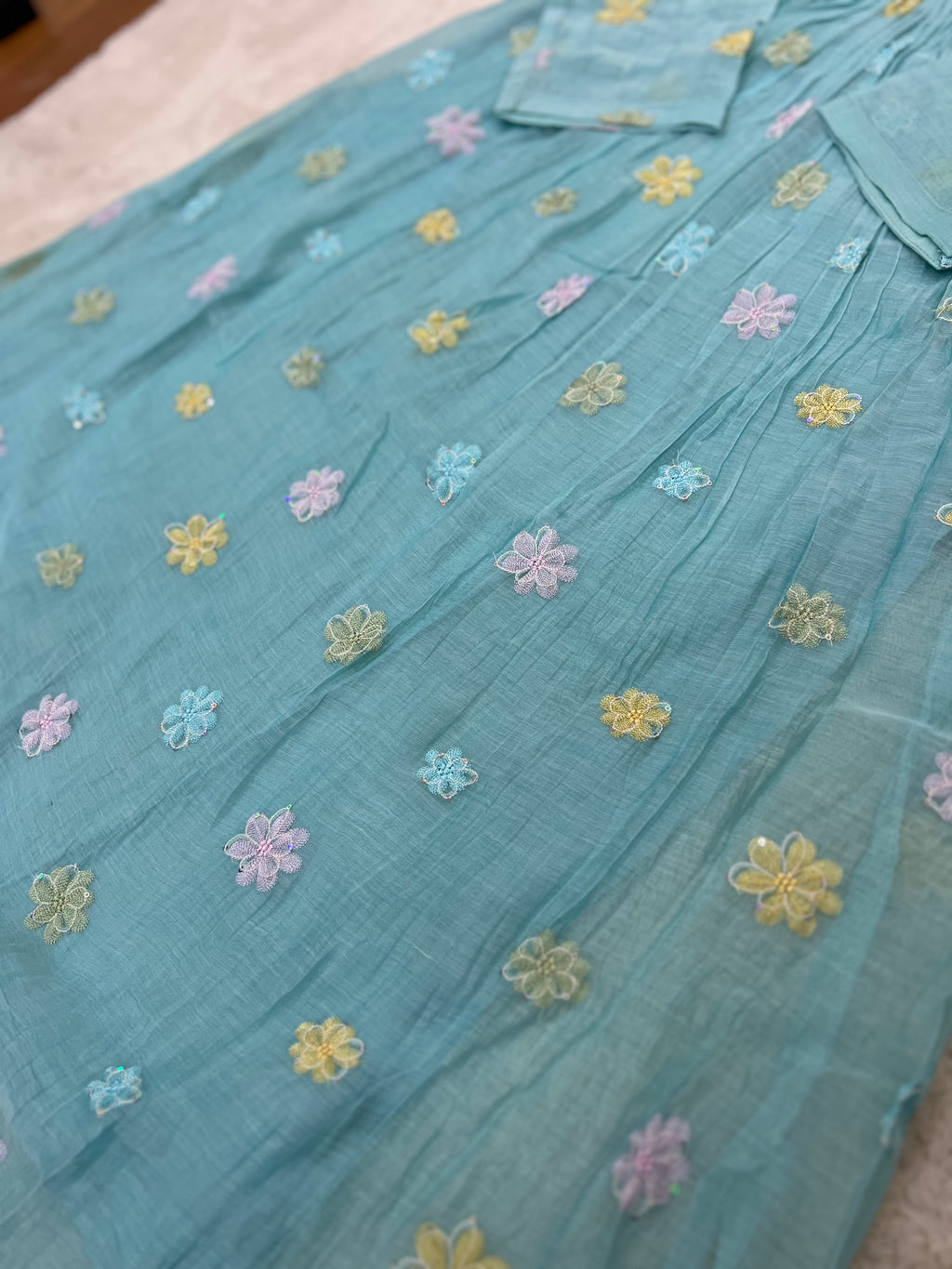 Aqua Blue Mul Chanderi Three-Piece Set