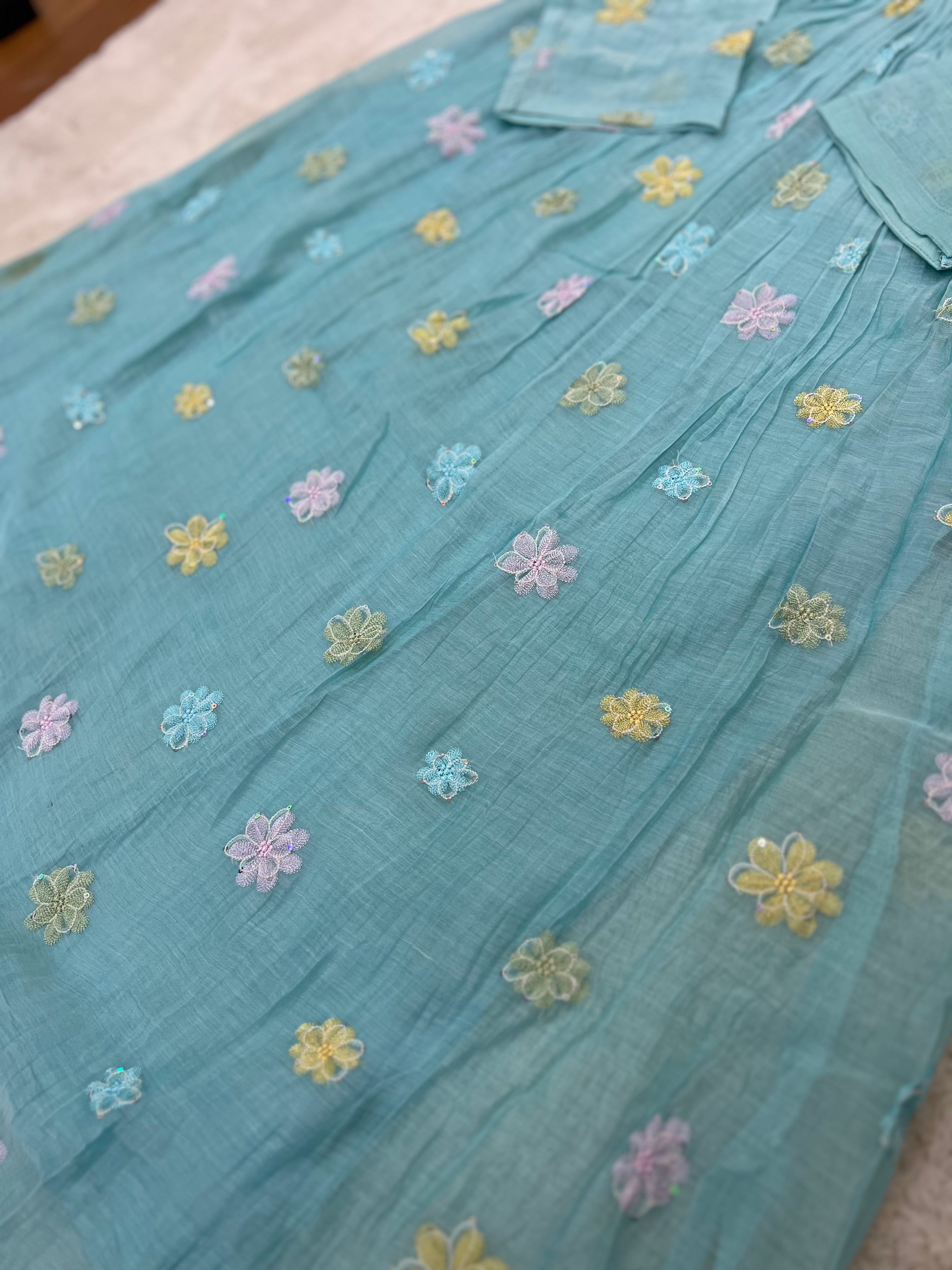 Aqua Blue Mul Chanderi Three-Piece Set