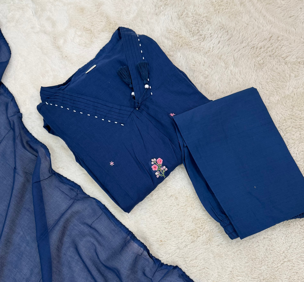 Navy Blue Mul Chanderi Three-Piece Set with Thread Embroidery