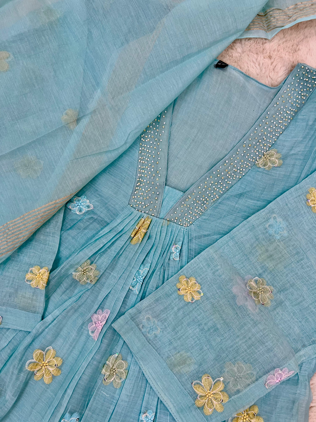 Aqua Blue Mul Chanderi Three-Piece Set