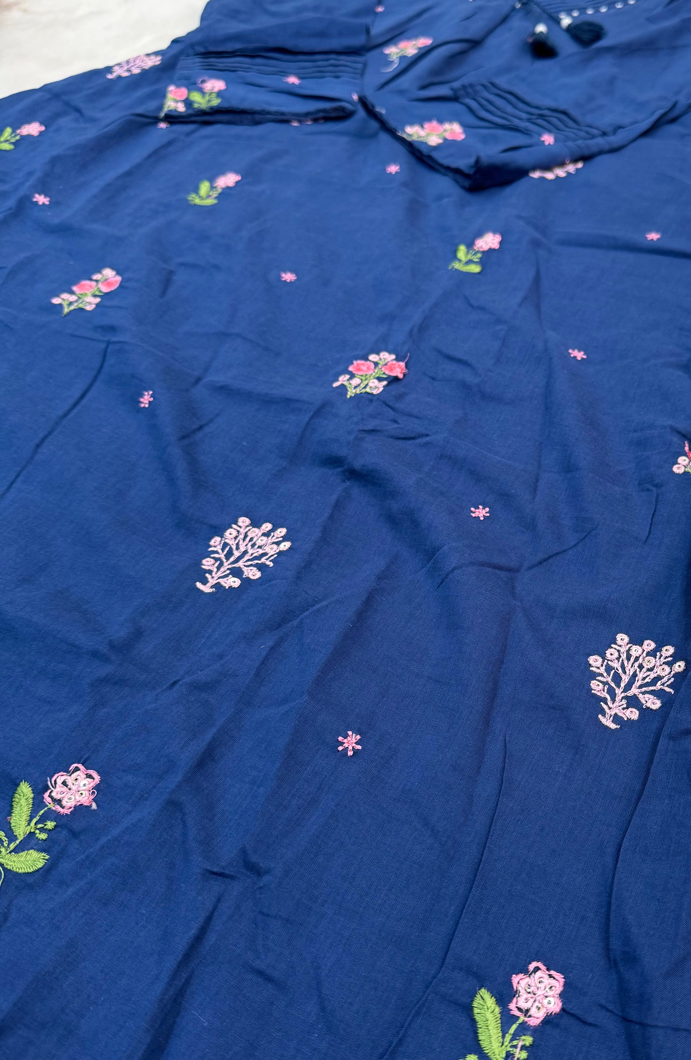 Navy Blue Mul Chanderi Three-Piece Set with Thread Embroidery