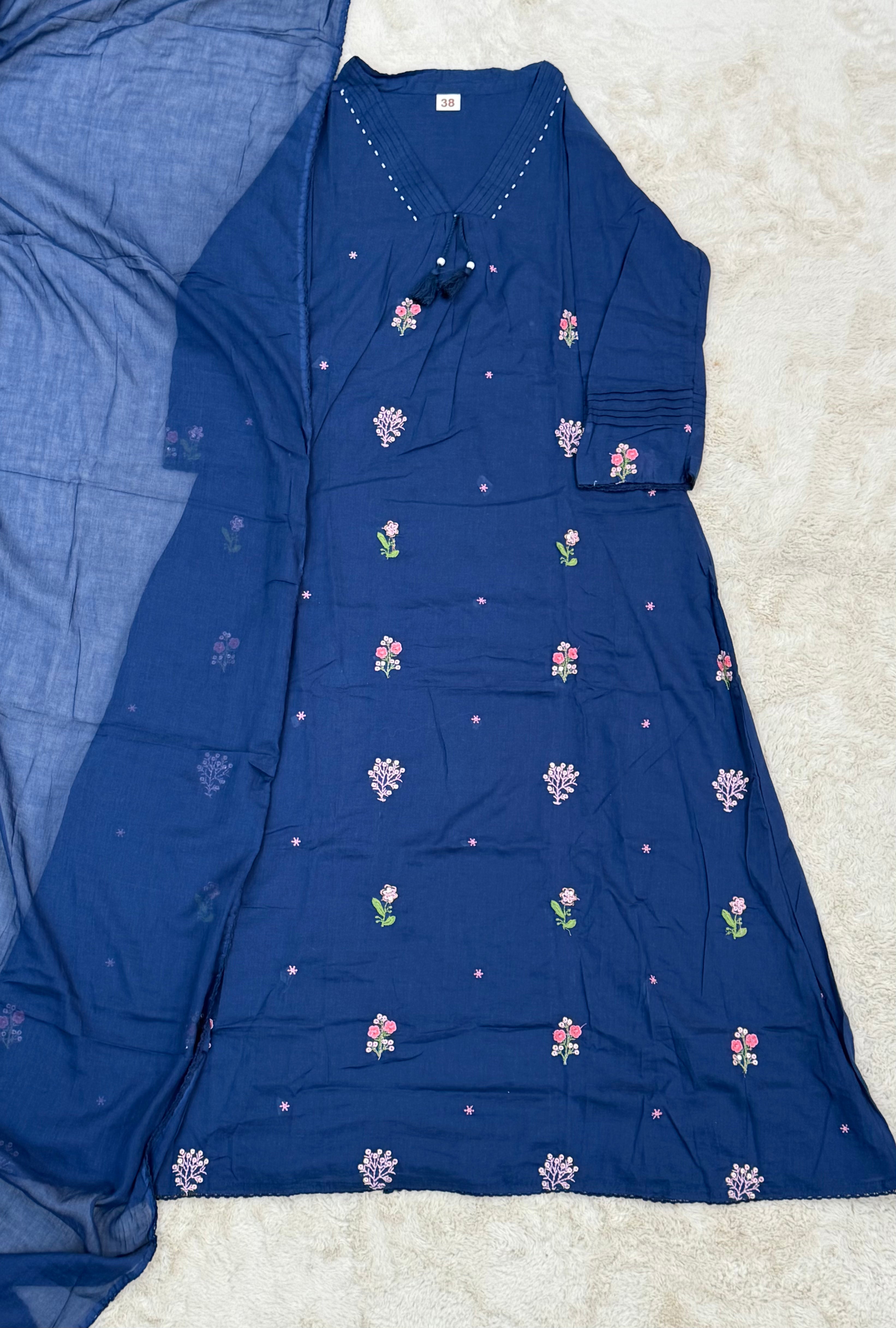 Navy Blue Mul Chanderi Three-Piece Set with Thread Embroidery