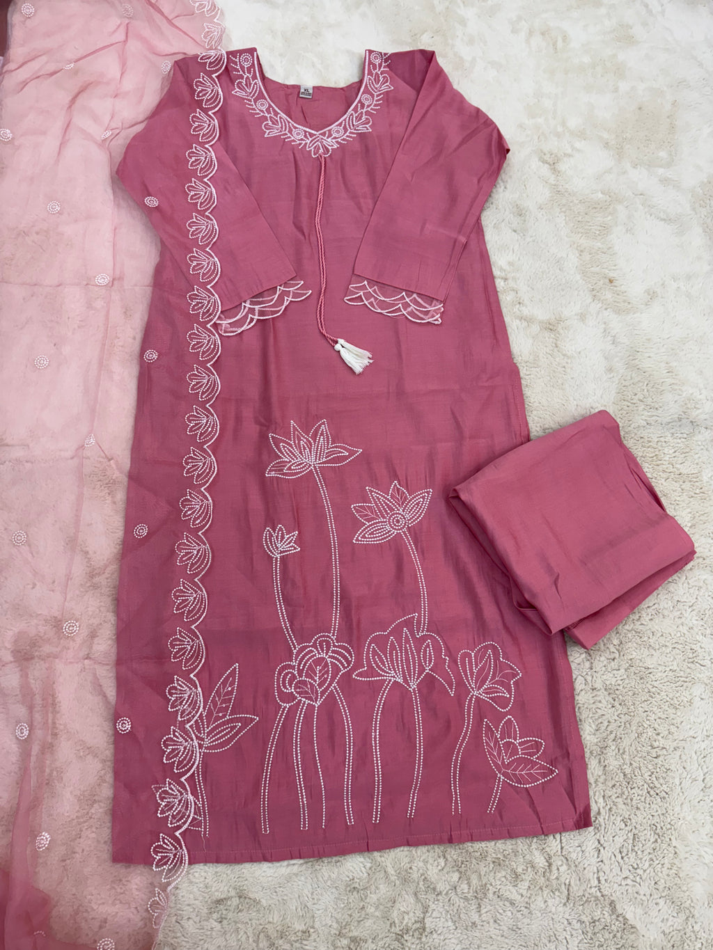 Lotus Embroidered Muslin Three-Piece Set