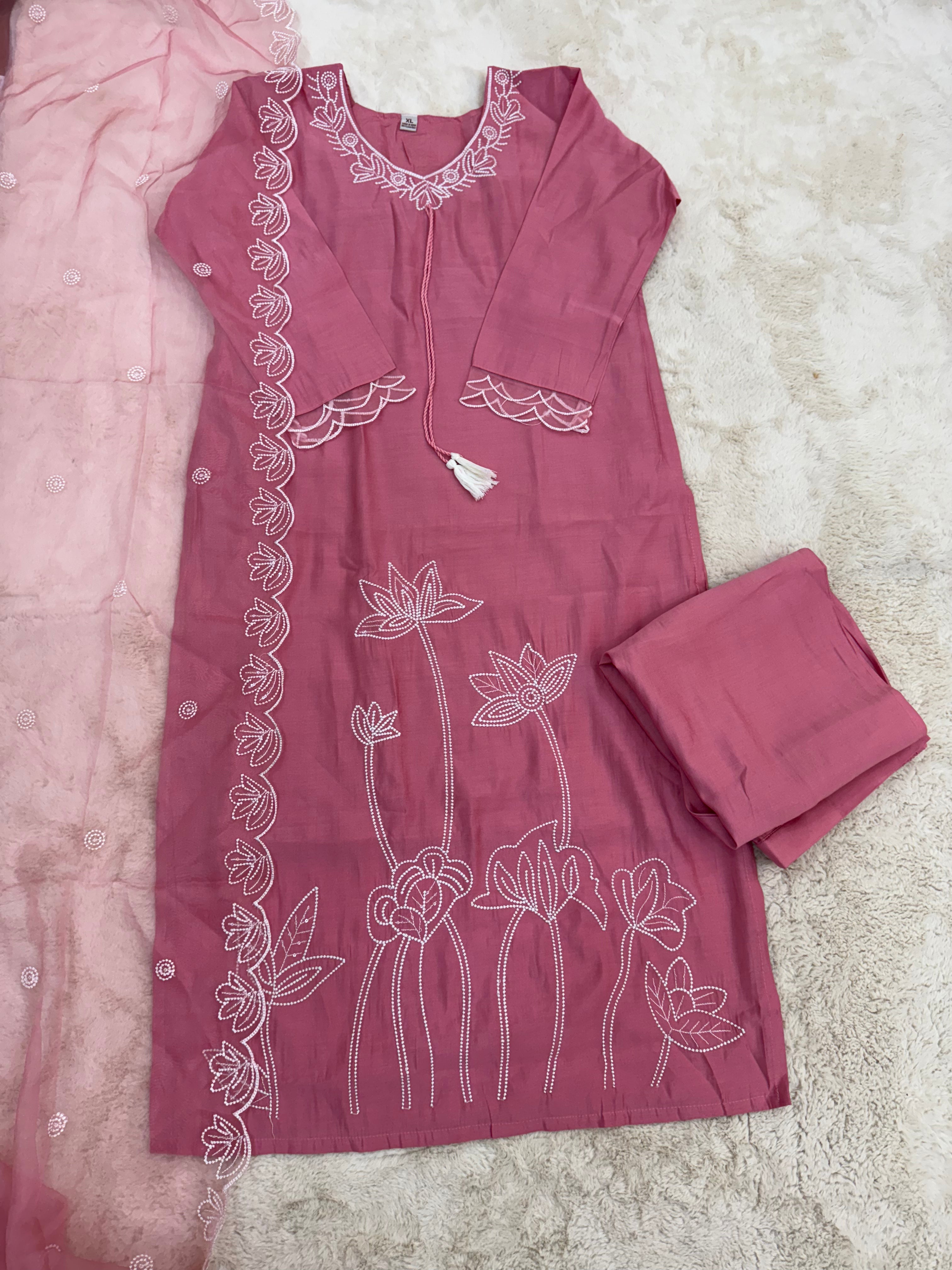 Lotus Embroidered Muslin Three-Piece Set