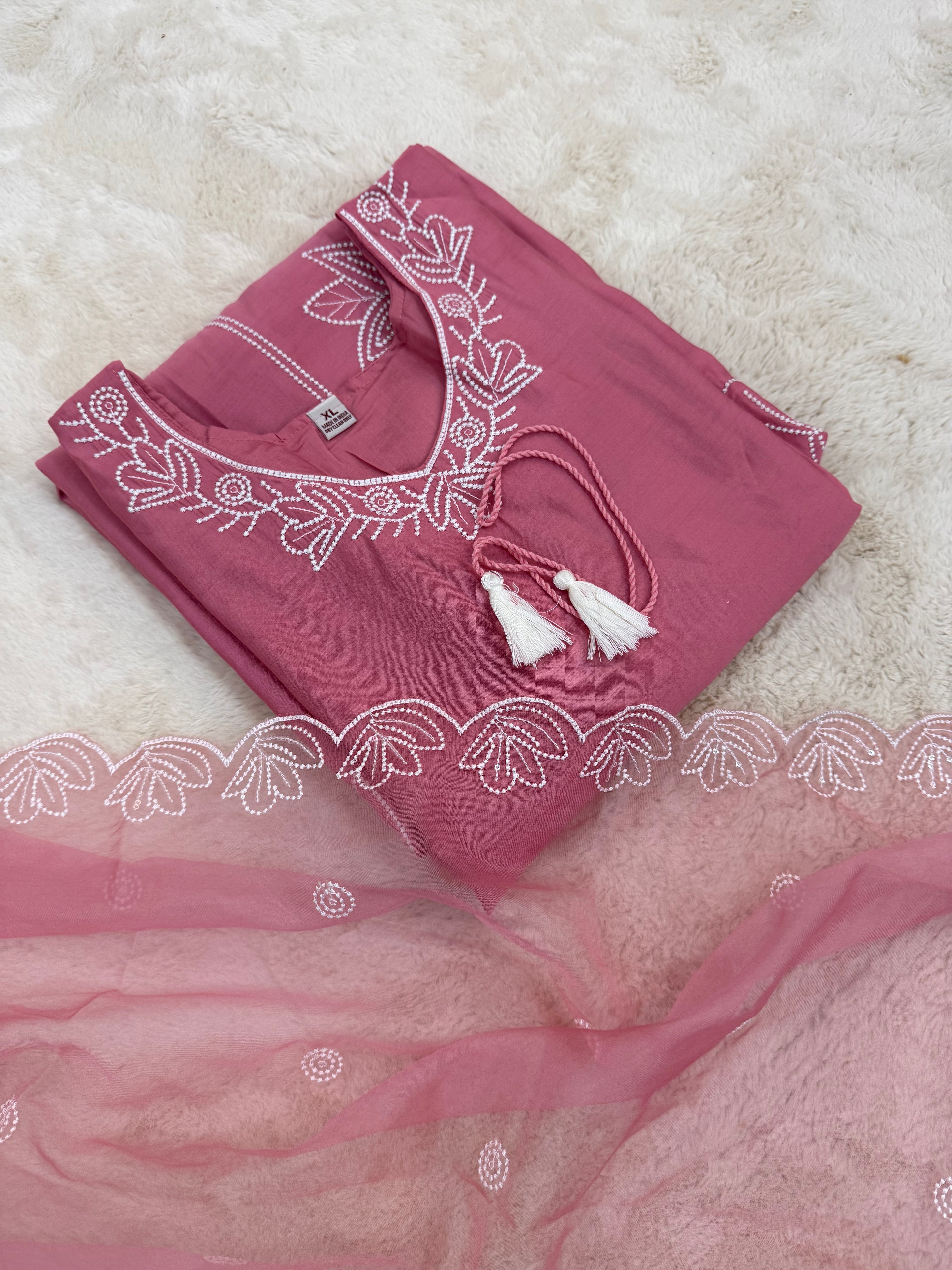 Lotus Embroidered Muslin Three-Piece Set