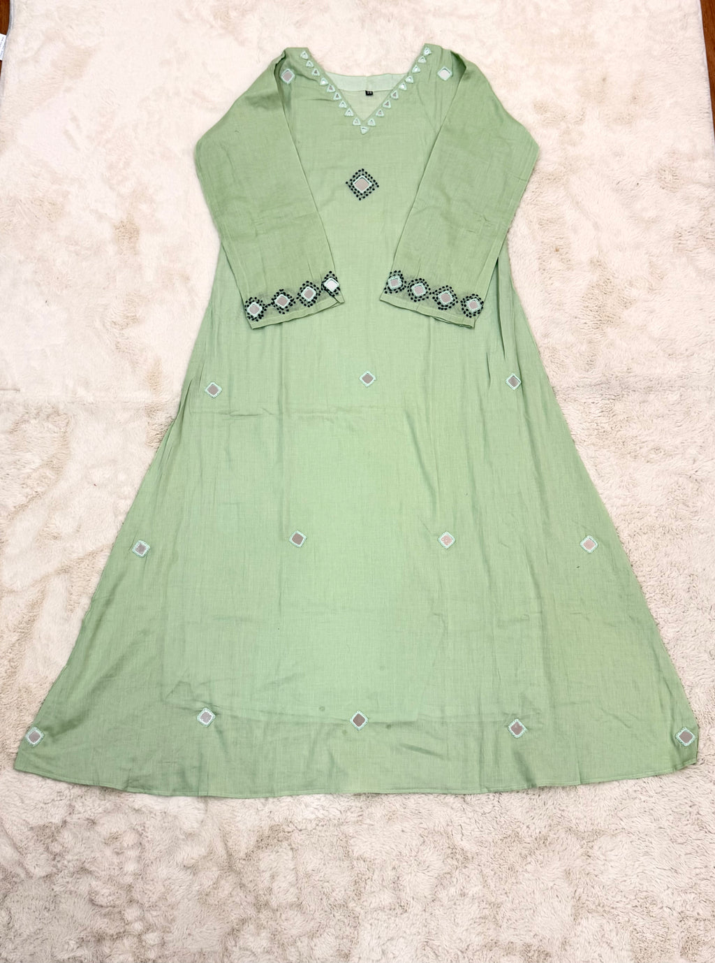 Sage Green Mul Cotton Three-Piece Set with Real Handwork Mirrors