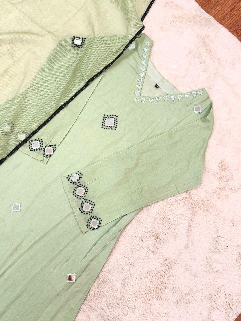 Sage Green Mul Cotton Three-Piece Set with Real Handwork Mirrors