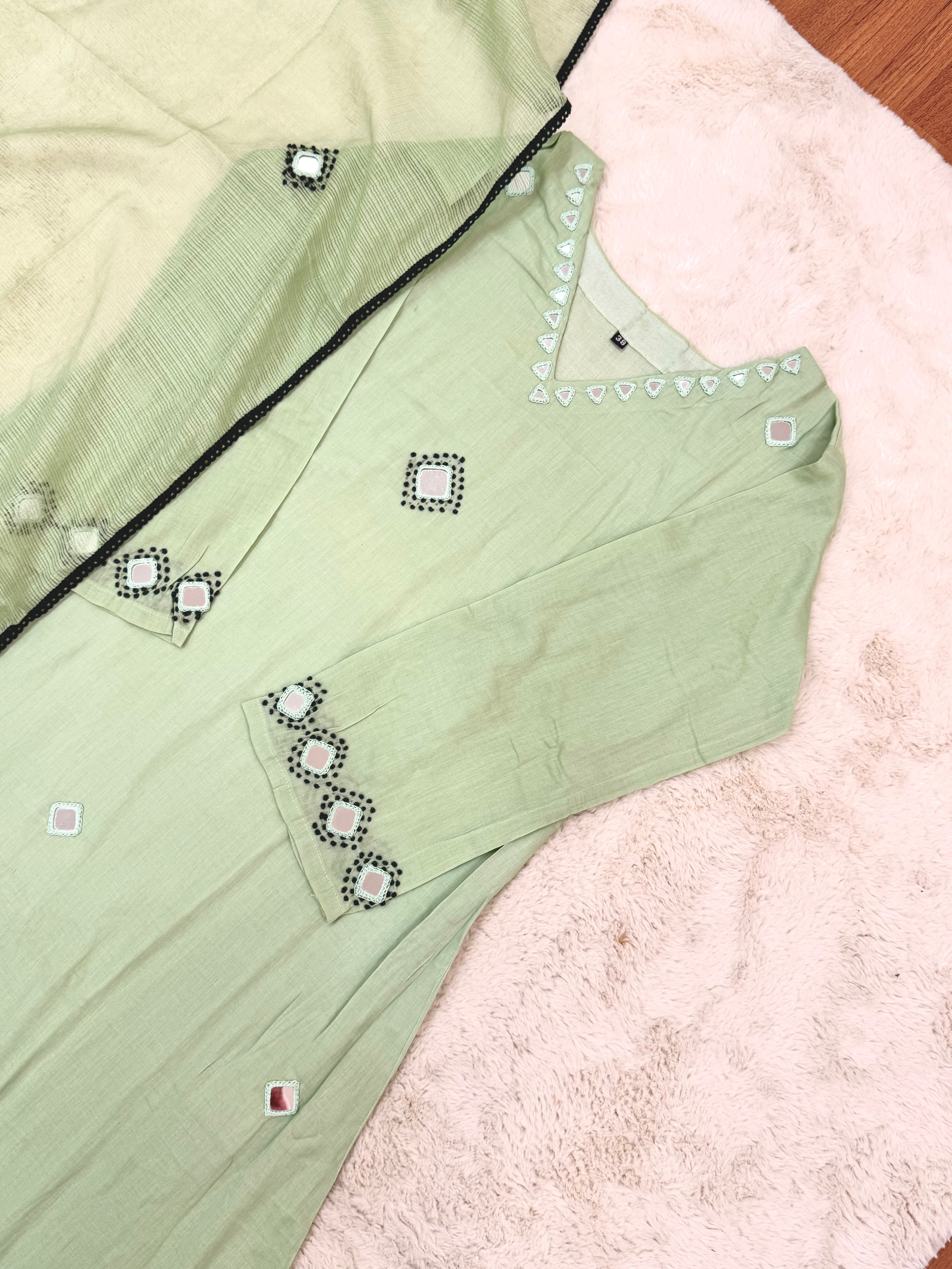 Sage Green Mul Cotton Three-Piece Set with Real Handwork Mirrors