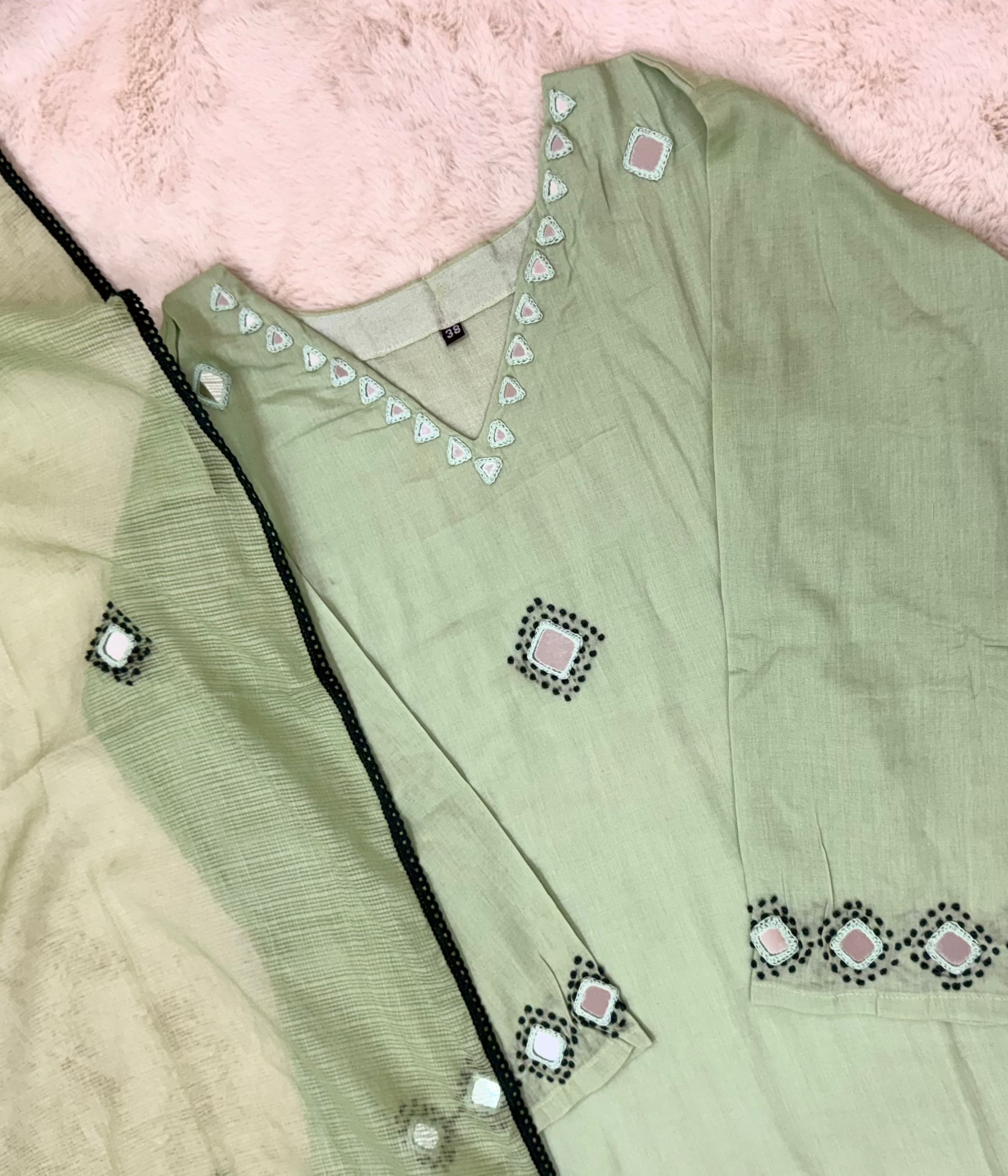 Sage Green Mul Cotton Three-Piece Set with Real Handwork Mirrors
