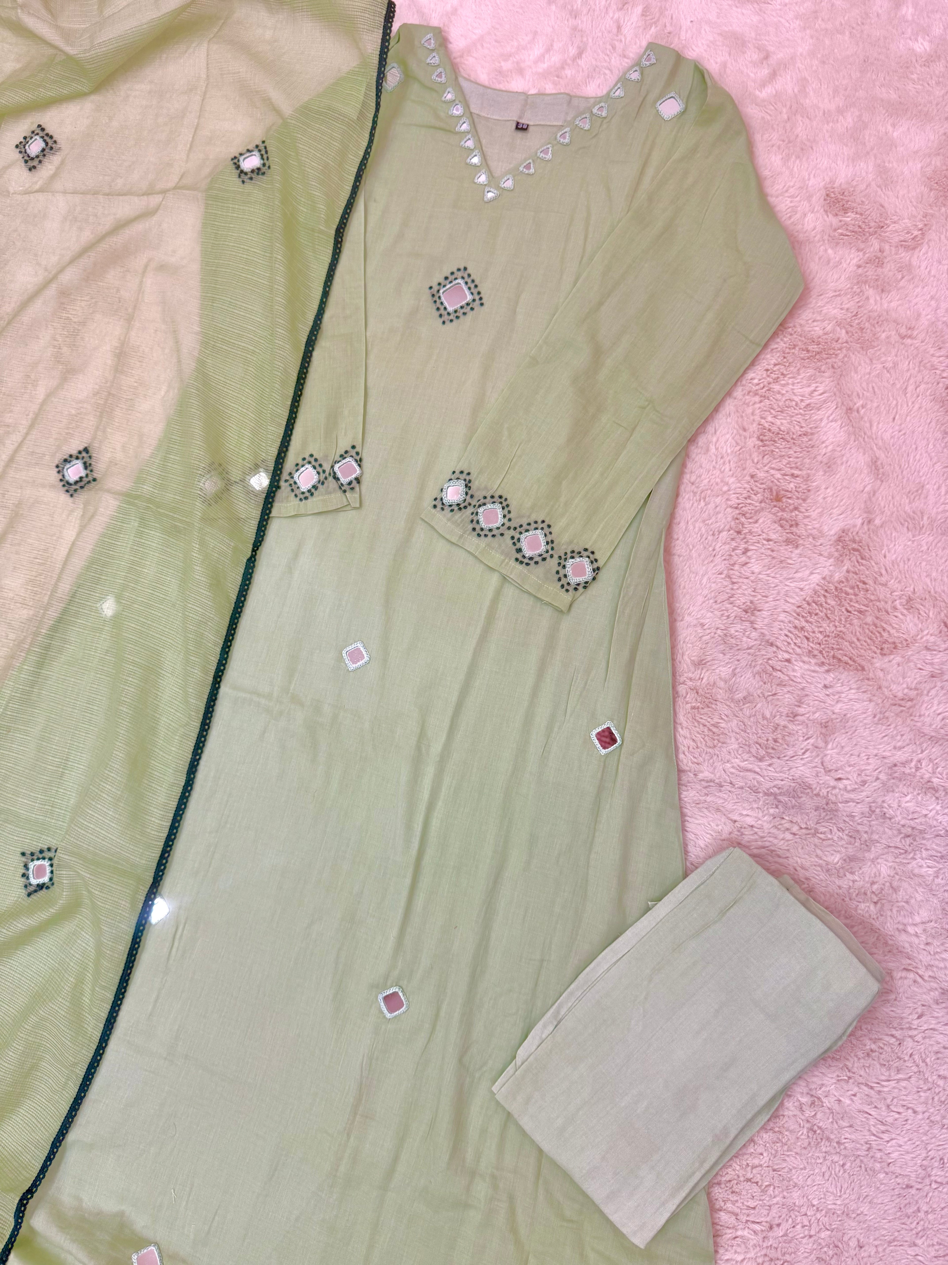 Sage Green Mul Cotton Three-Piece Set with Real Handwork Mirrors