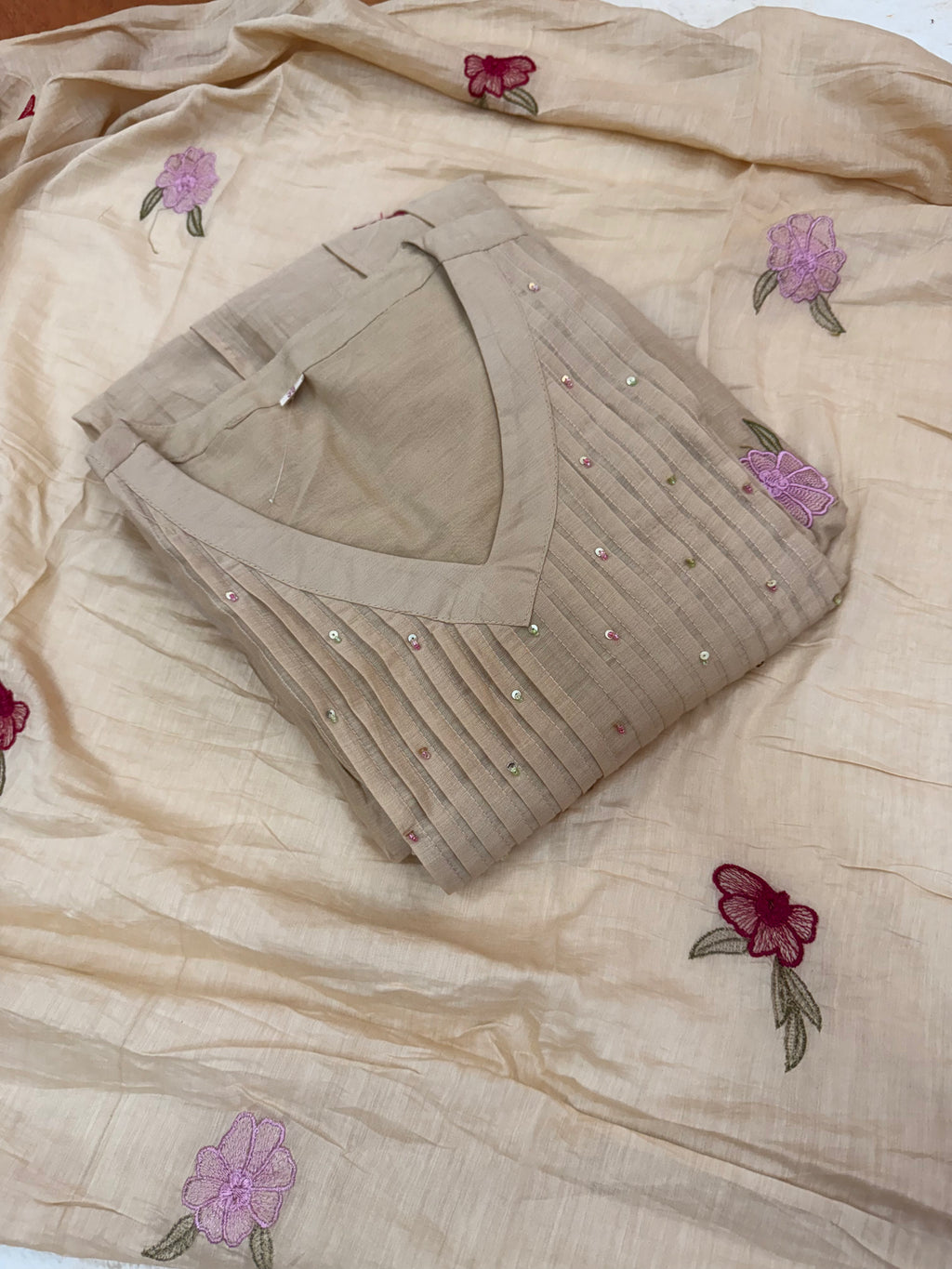 Beige Floral Mul Chanderi Three-Piece Set