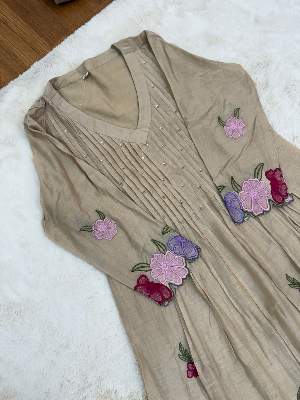 Beige Floral Mul Chanderi Three-Piece Set