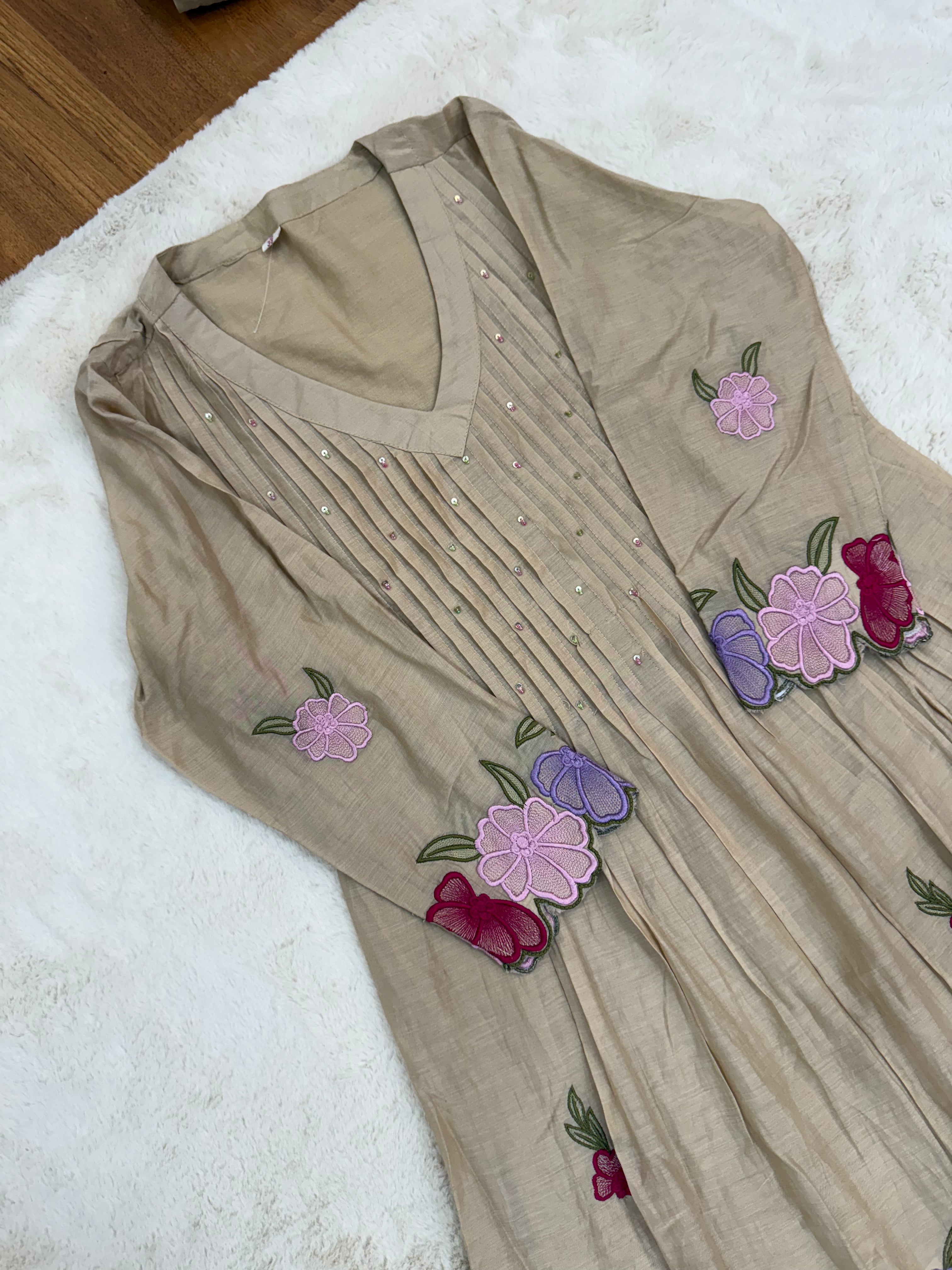 Beige Floral Mul Chanderi Three-Piece Set