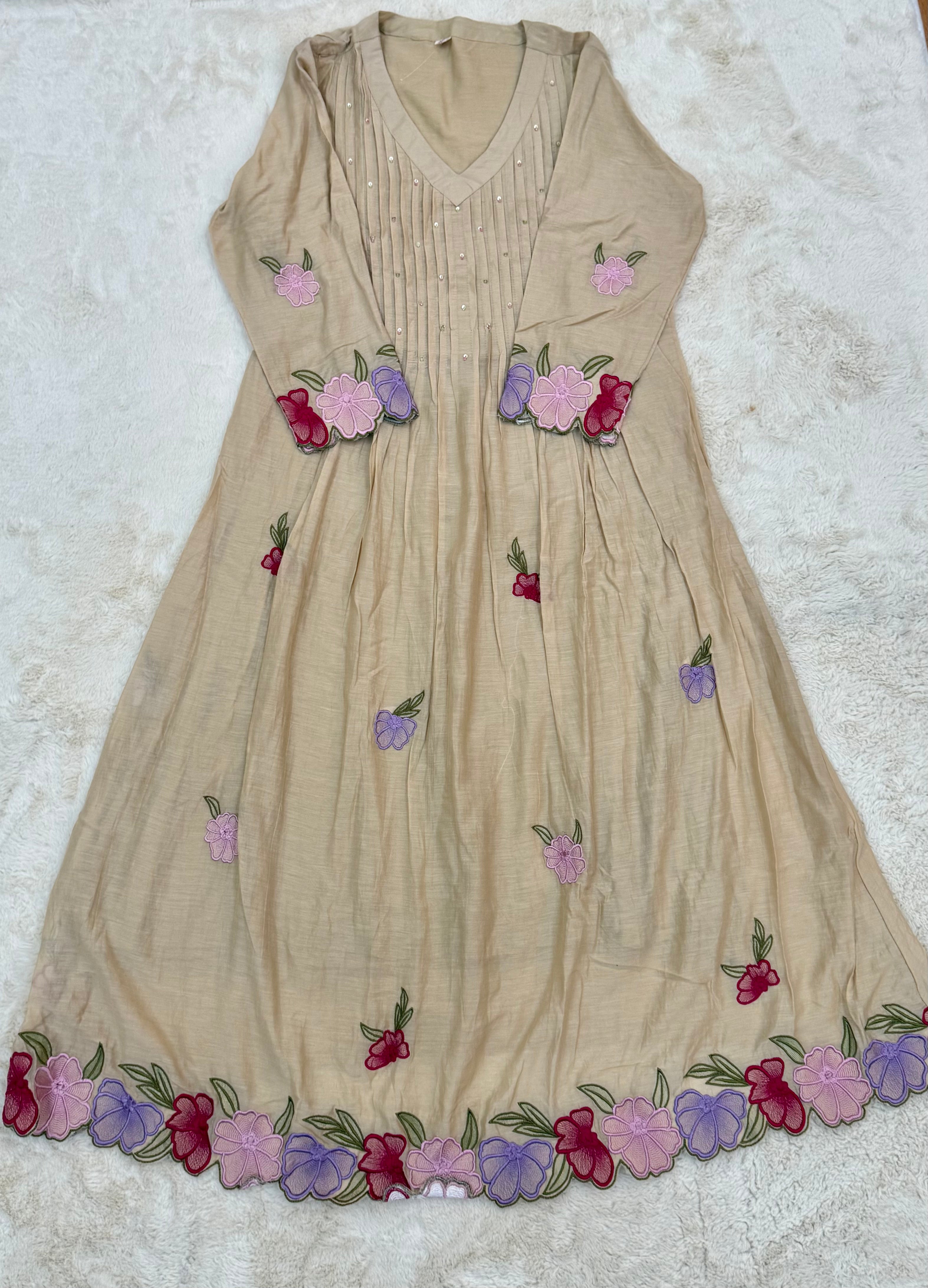 Beige Floral Mul Chanderi Three-Piece Set