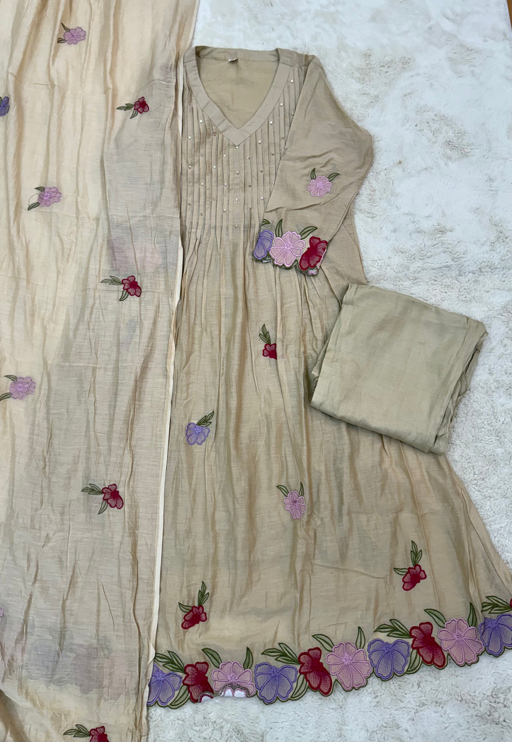 Beige Floral Mul Chanderi Three-Piece Set