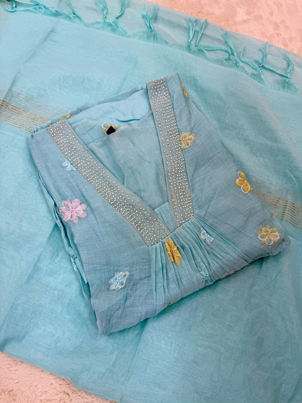 Aqua Blue Mul Chanderi Three-Piece Set