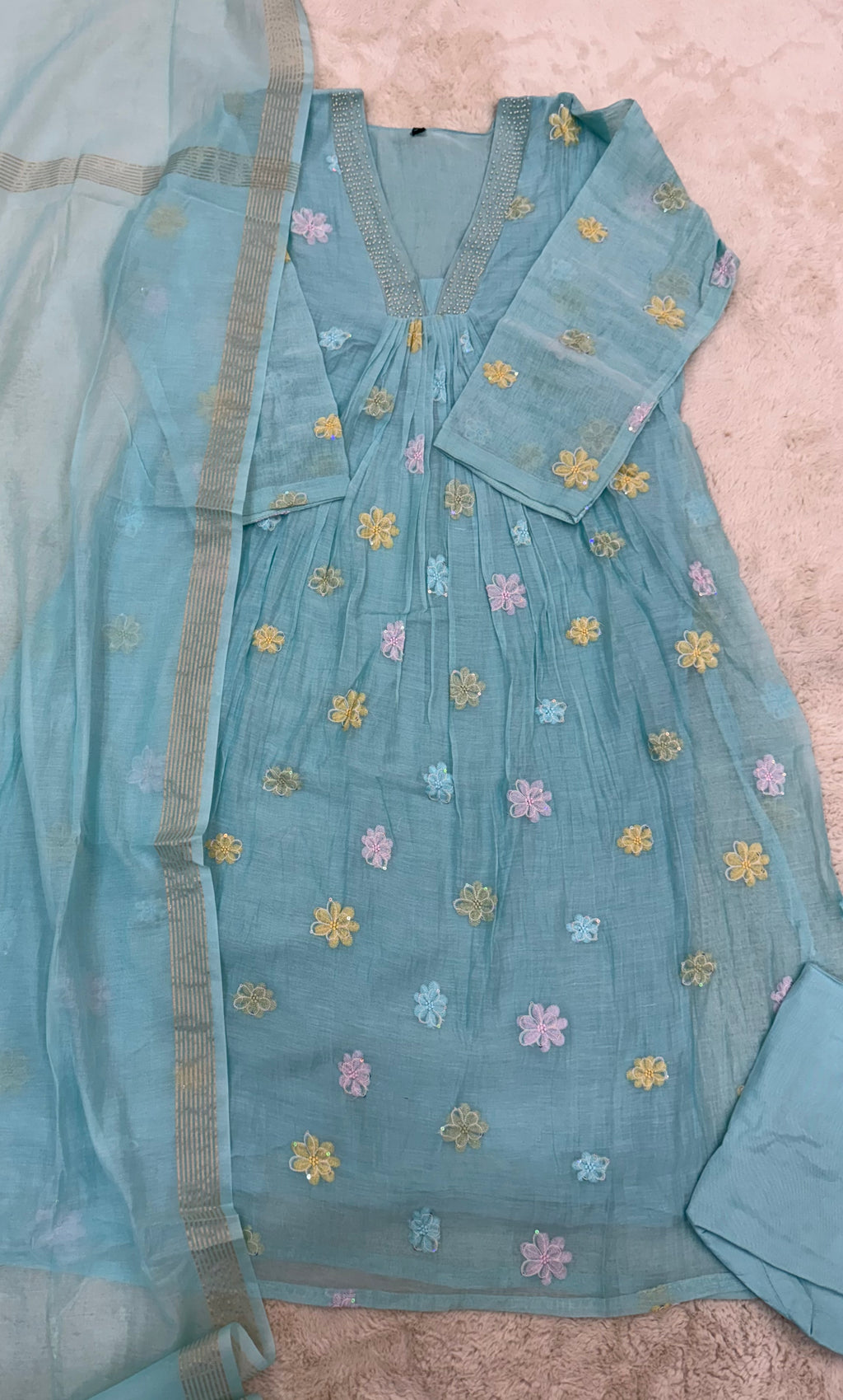 Aqua Blue Mul Chanderi Three-Piece Set