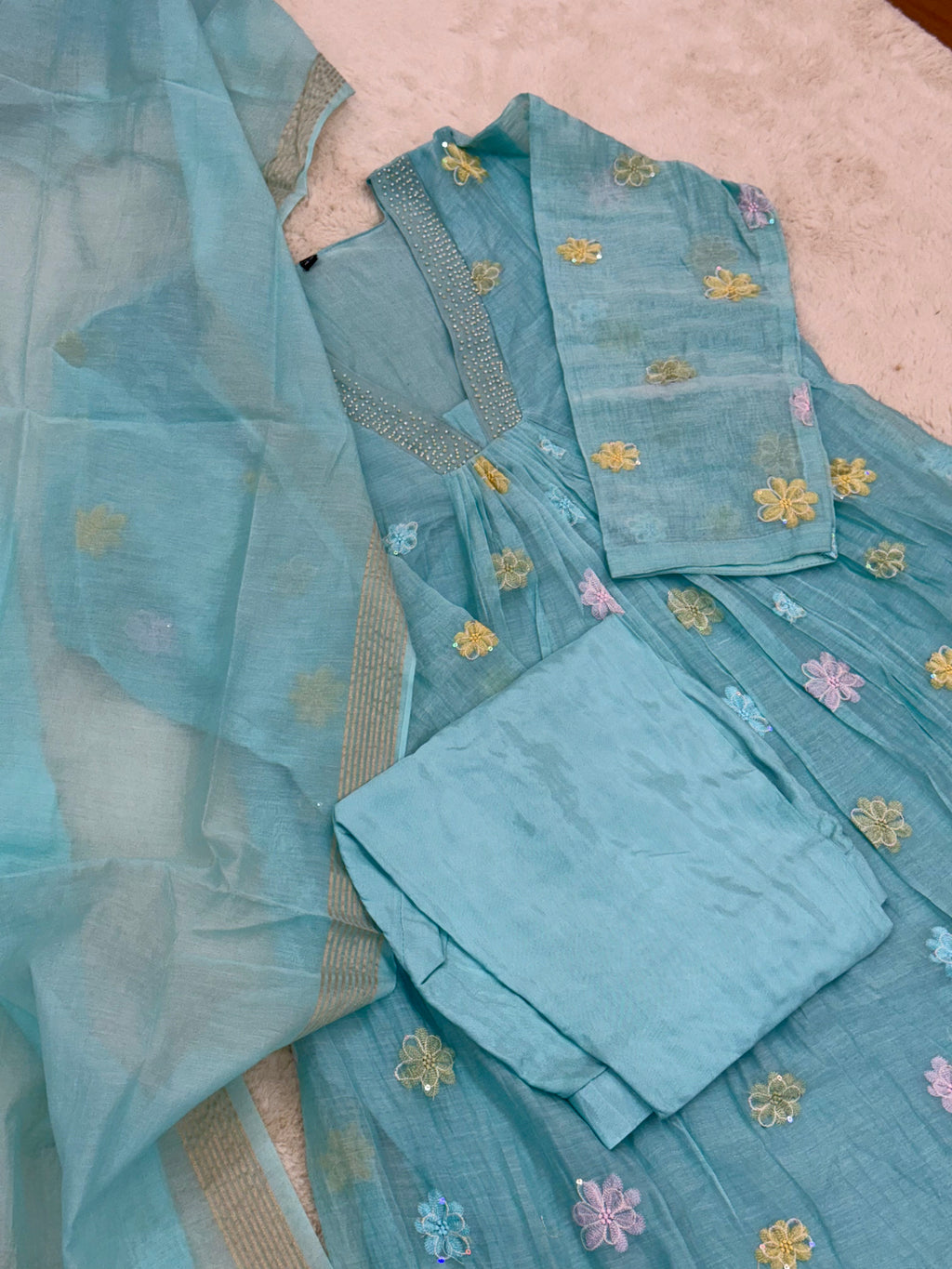 Aqua Blue Mul Chanderi Three-Piece Set