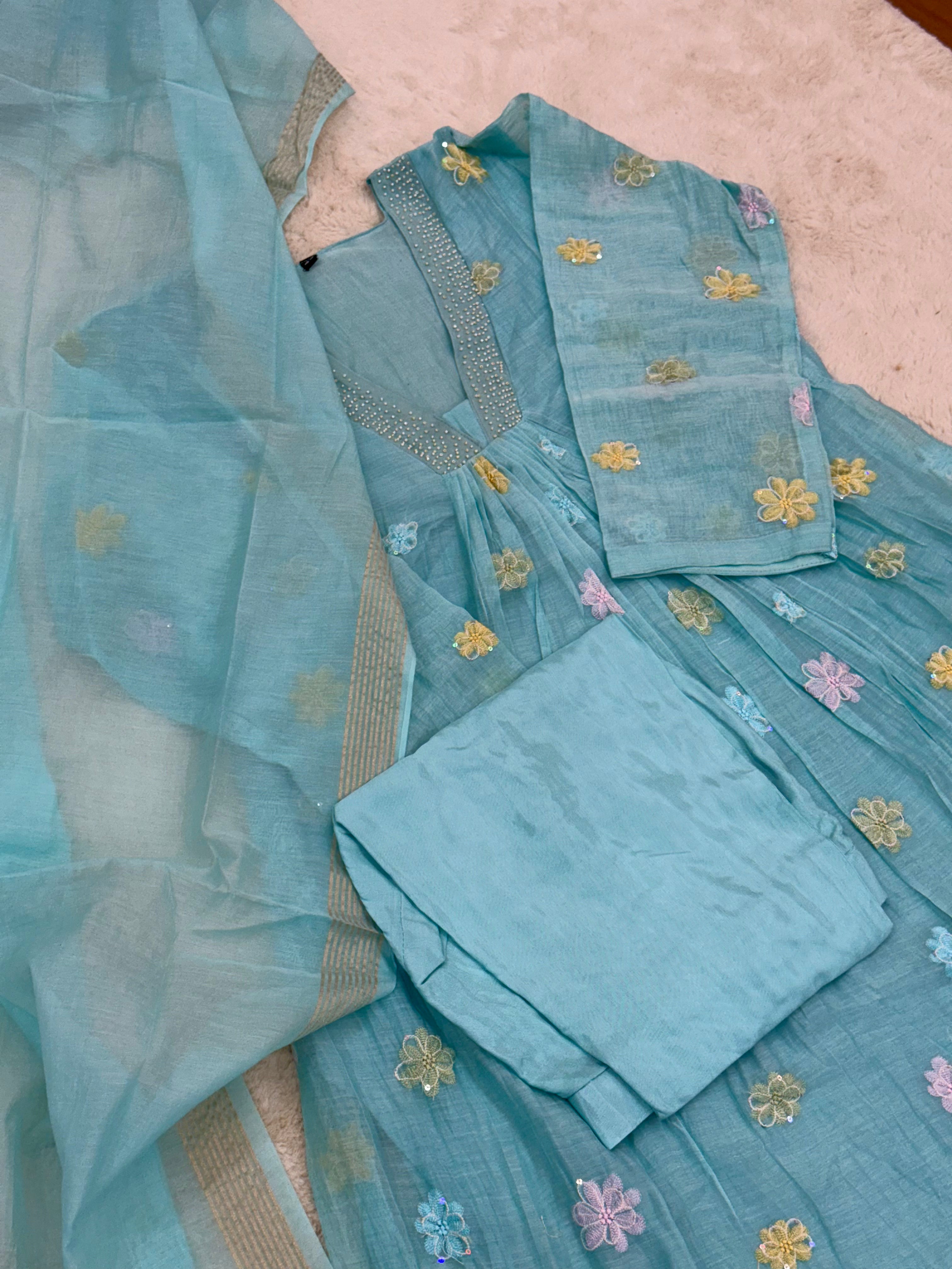 Aqua Blue Mul Chanderi Three-Piece Set
