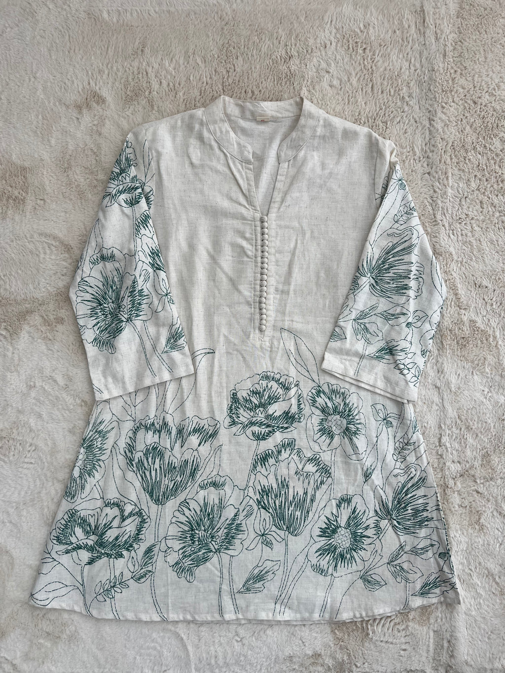 Ivory Floral Linen Kurta Set