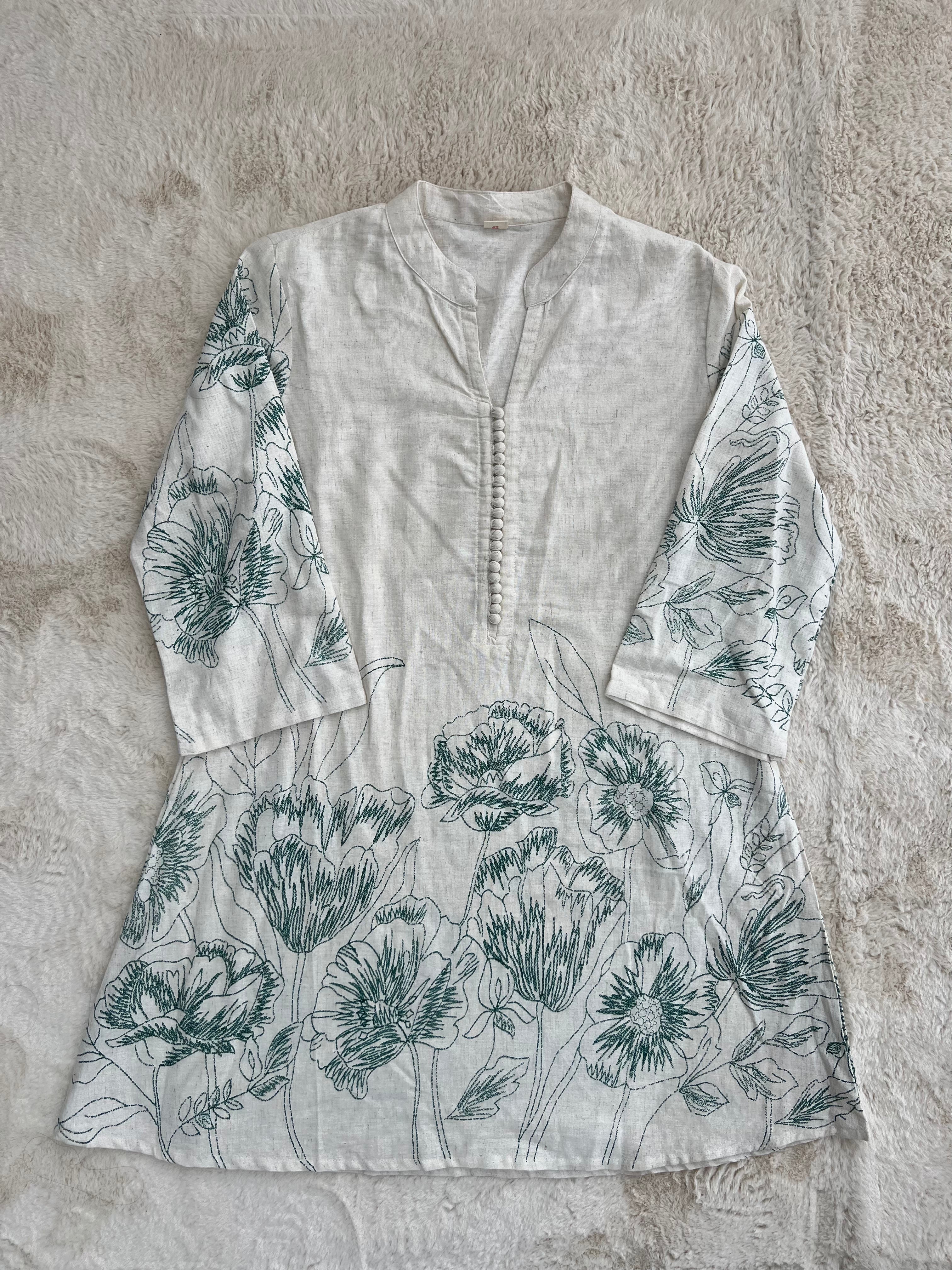 Ivory Floral Linen Kurta Set