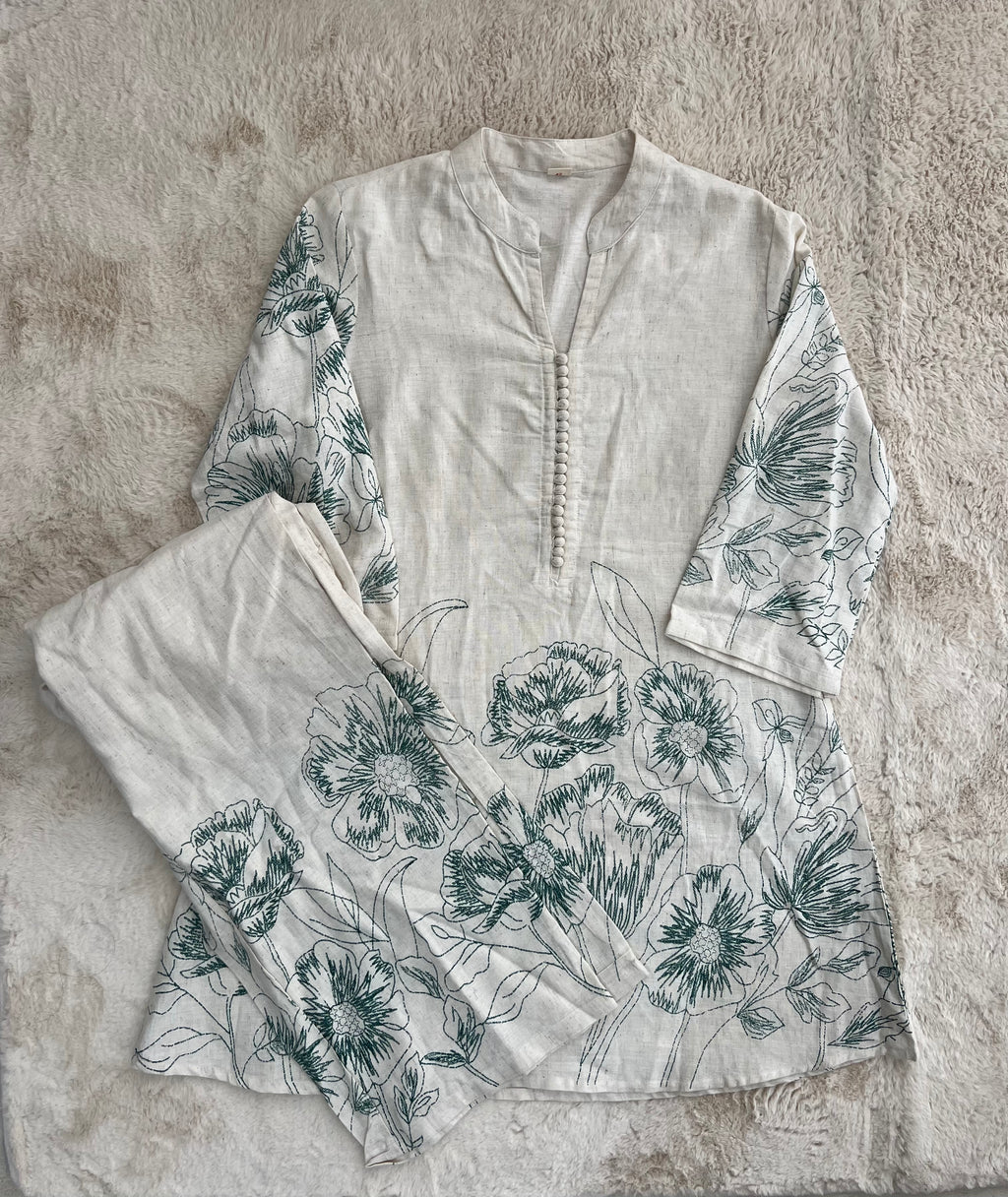 Ivory Floral Linen Kurta Set