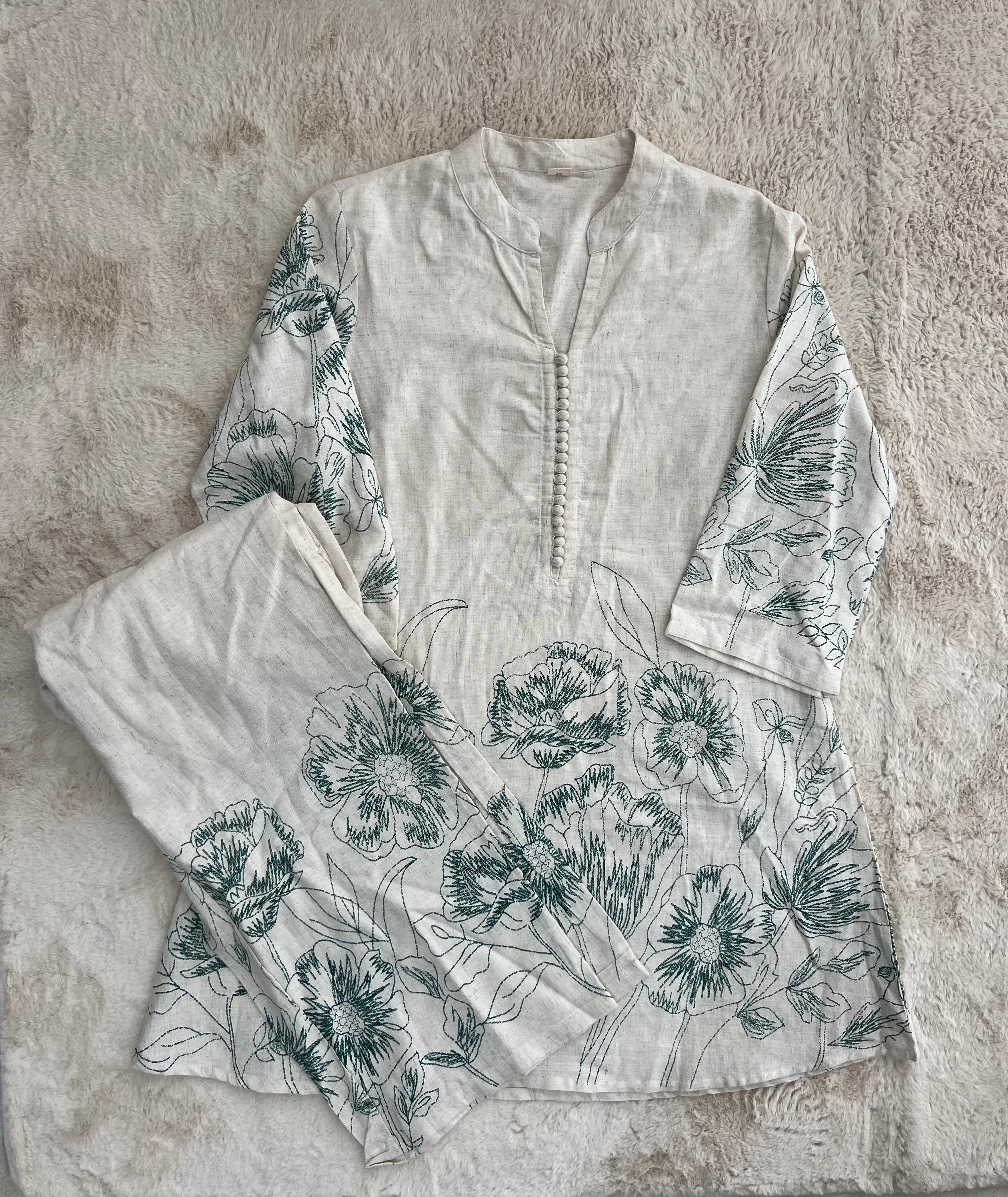 Ivory Floral Linen Kurta Set