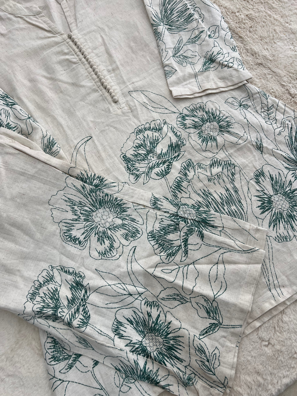 Ivory Floral Linen Kurta Set