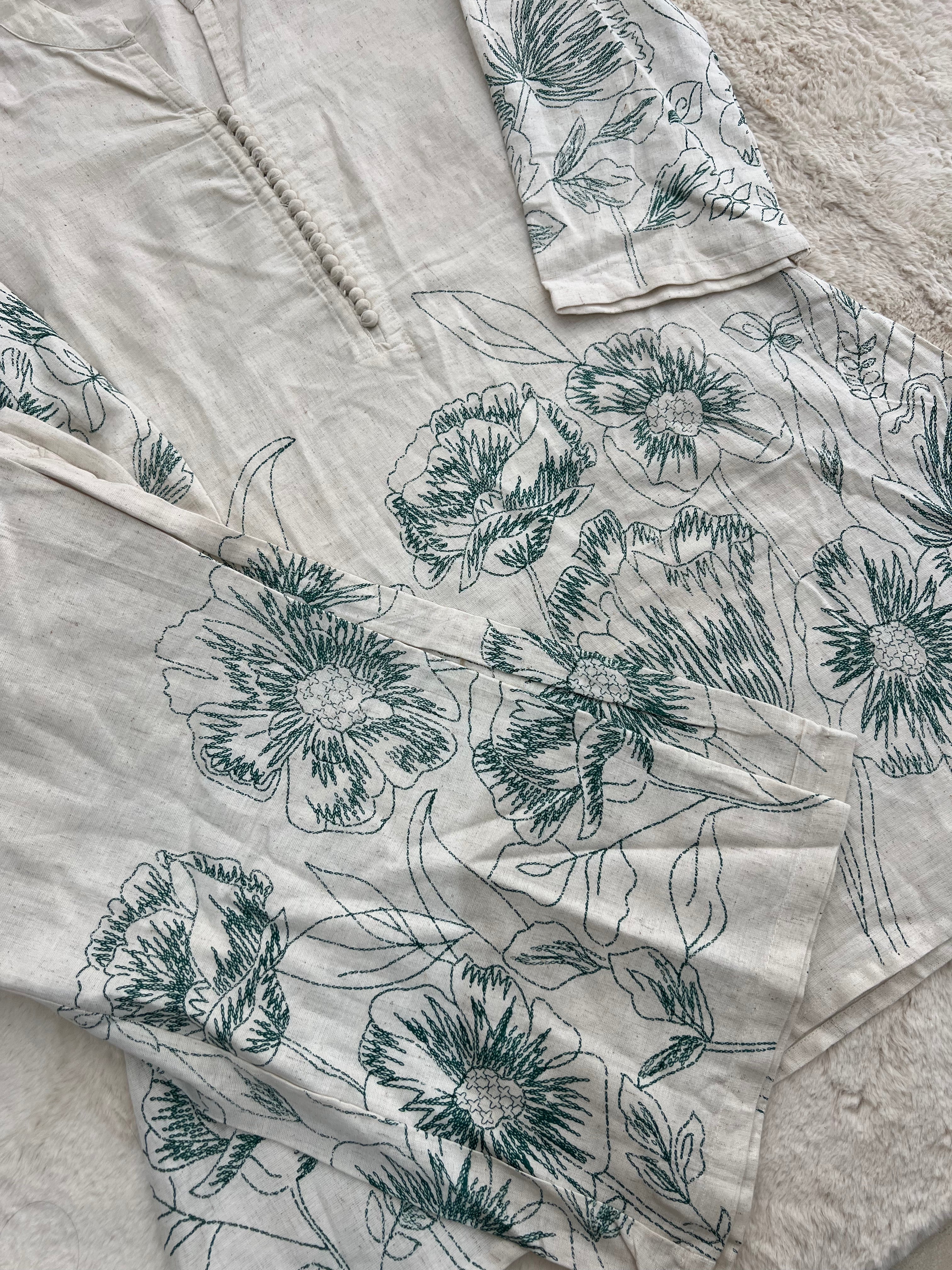 Ivory Floral Linen Kurta Set