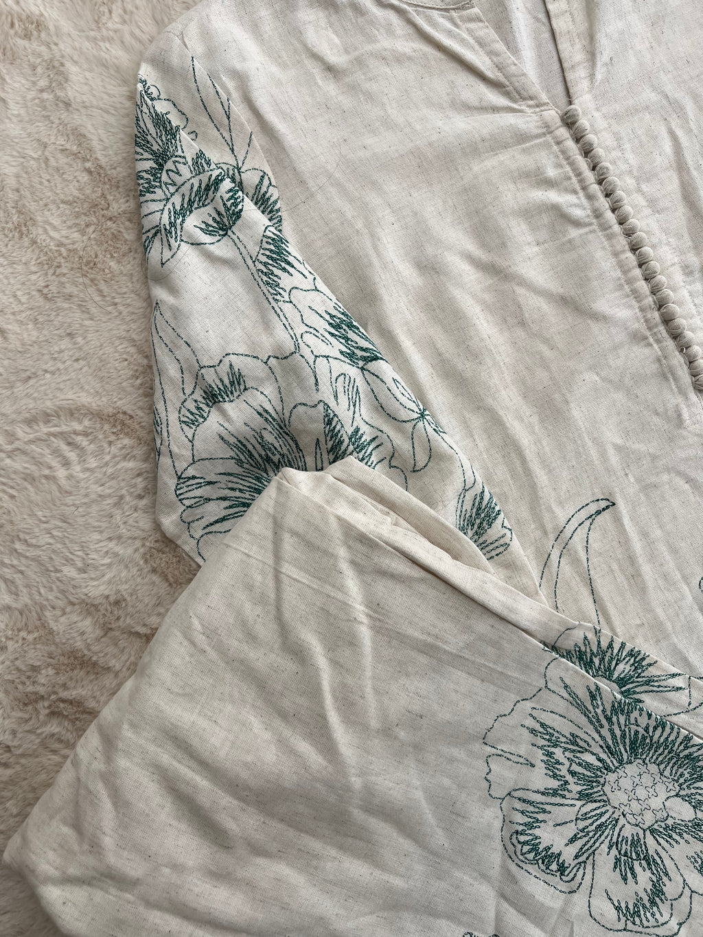 Ivory Floral Linen Kurta Set