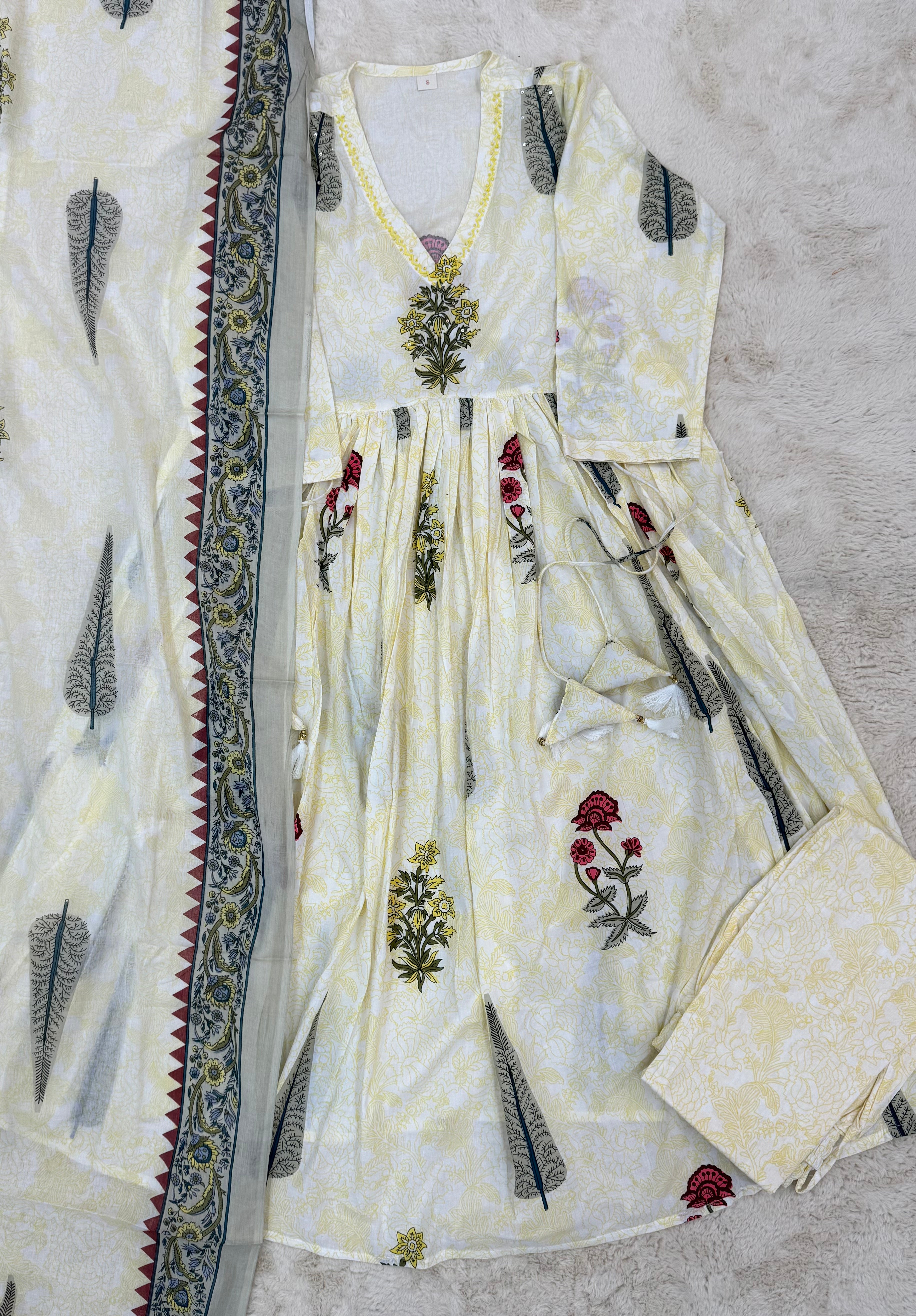 Butter Yellow Cotton Three-Piece Anarkali Set