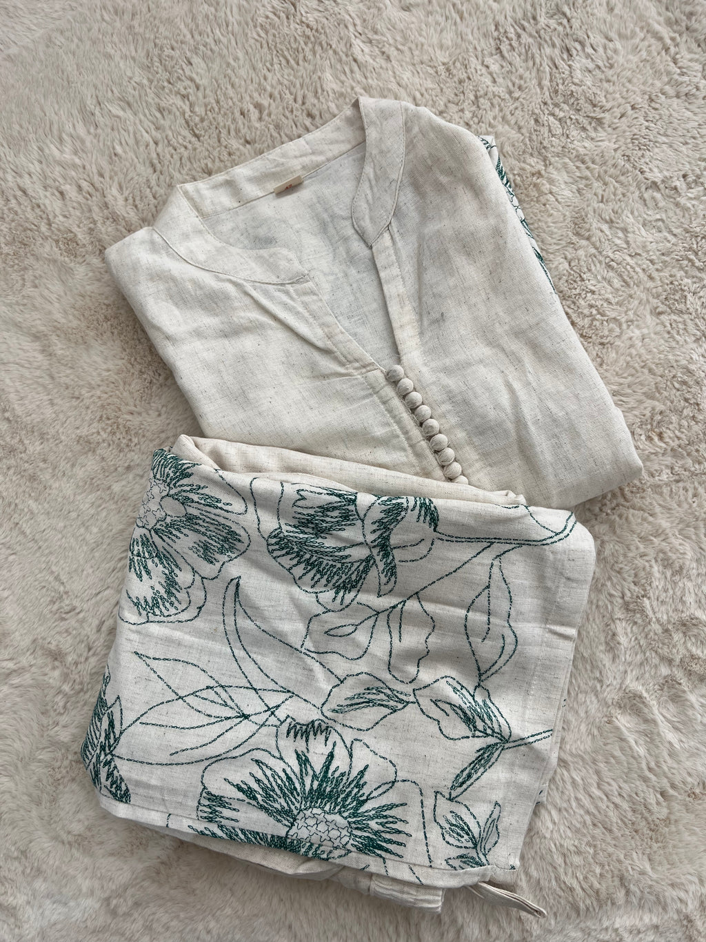 Ivory Floral Linen Kurta Set