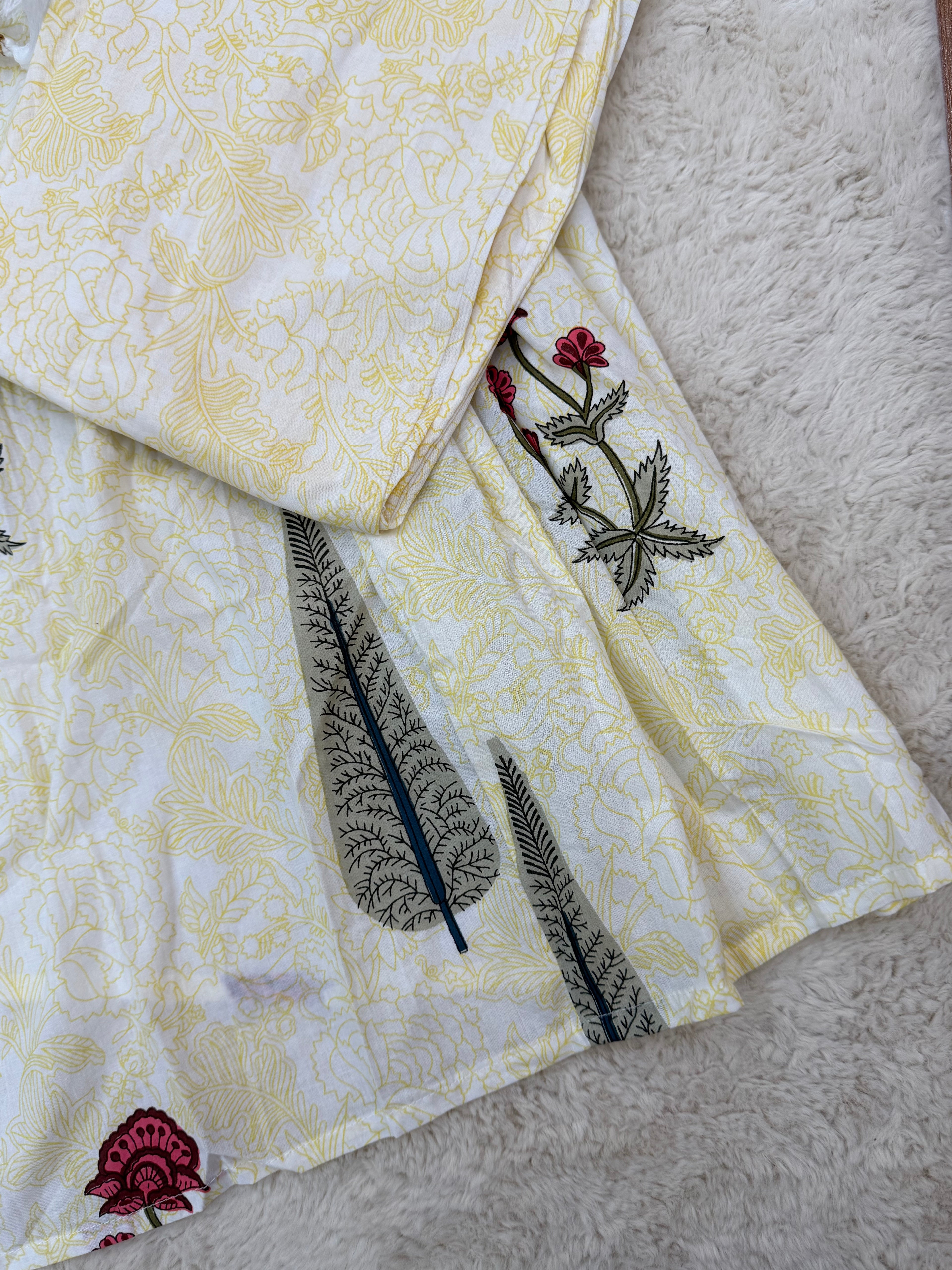 Butter Yellow Cotton Three-Piece Anarkali Set