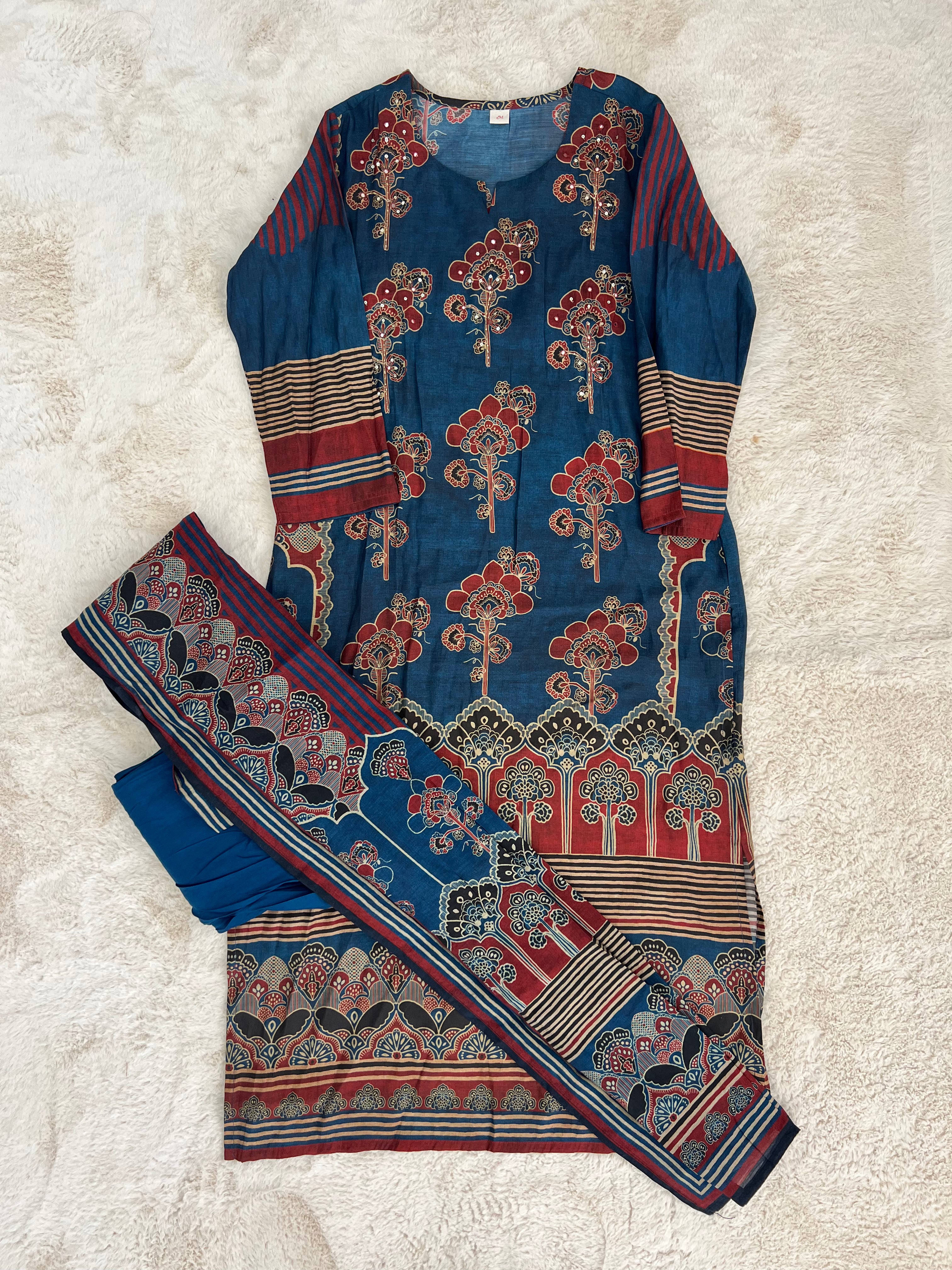 Indigo & Maroon Handblock Three-Piece Kurta Set