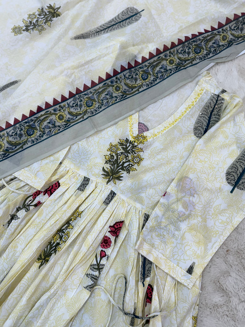 Butter Yellow Cotton Three-Piece Anarkali Set