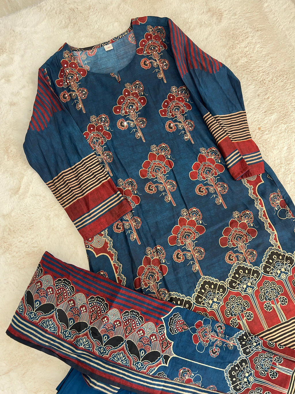 Indigo & Maroon Handblock Three-Piece Kurta Set