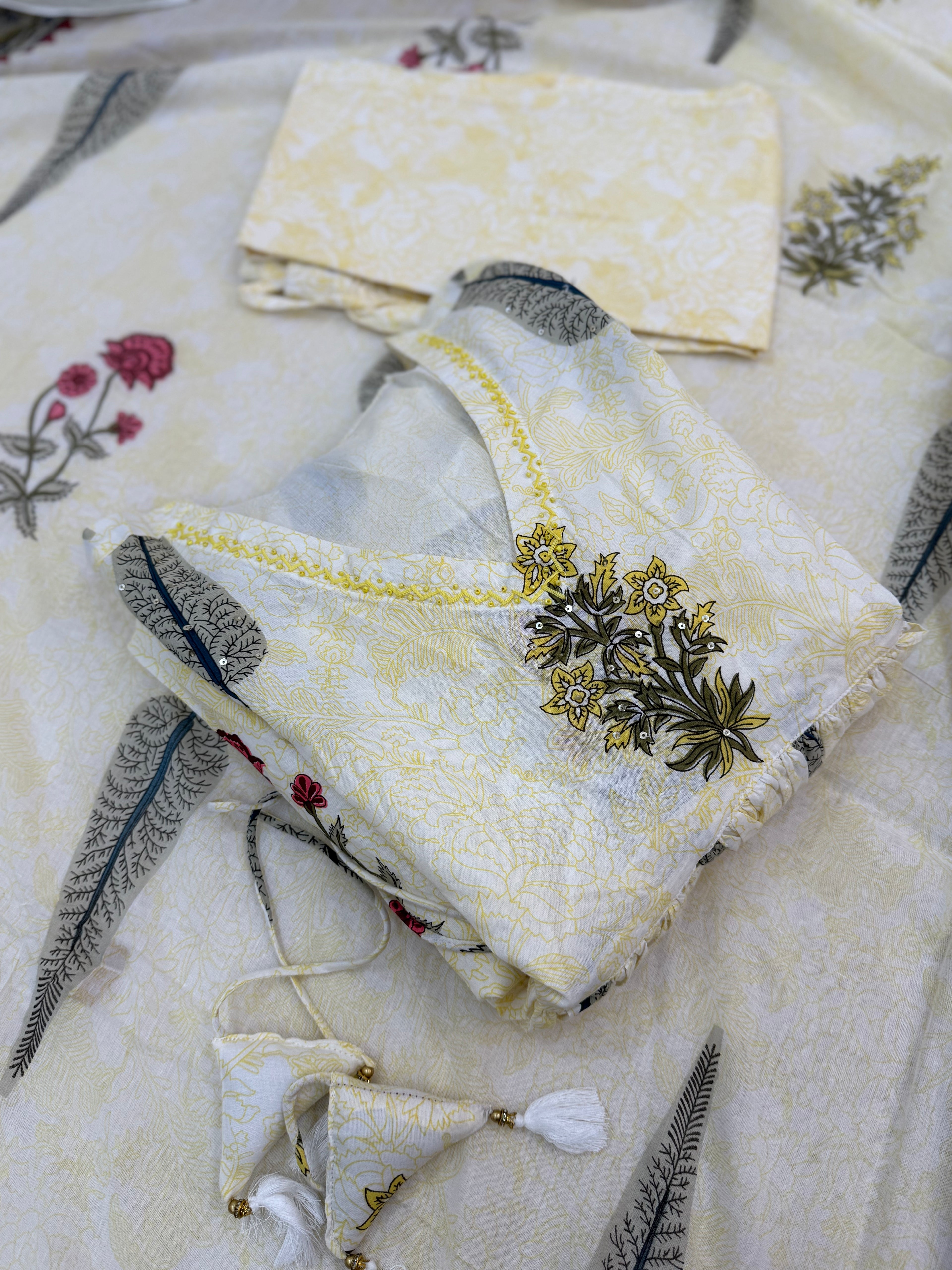 Butter Yellow Cotton Three-Piece Anarkali Set