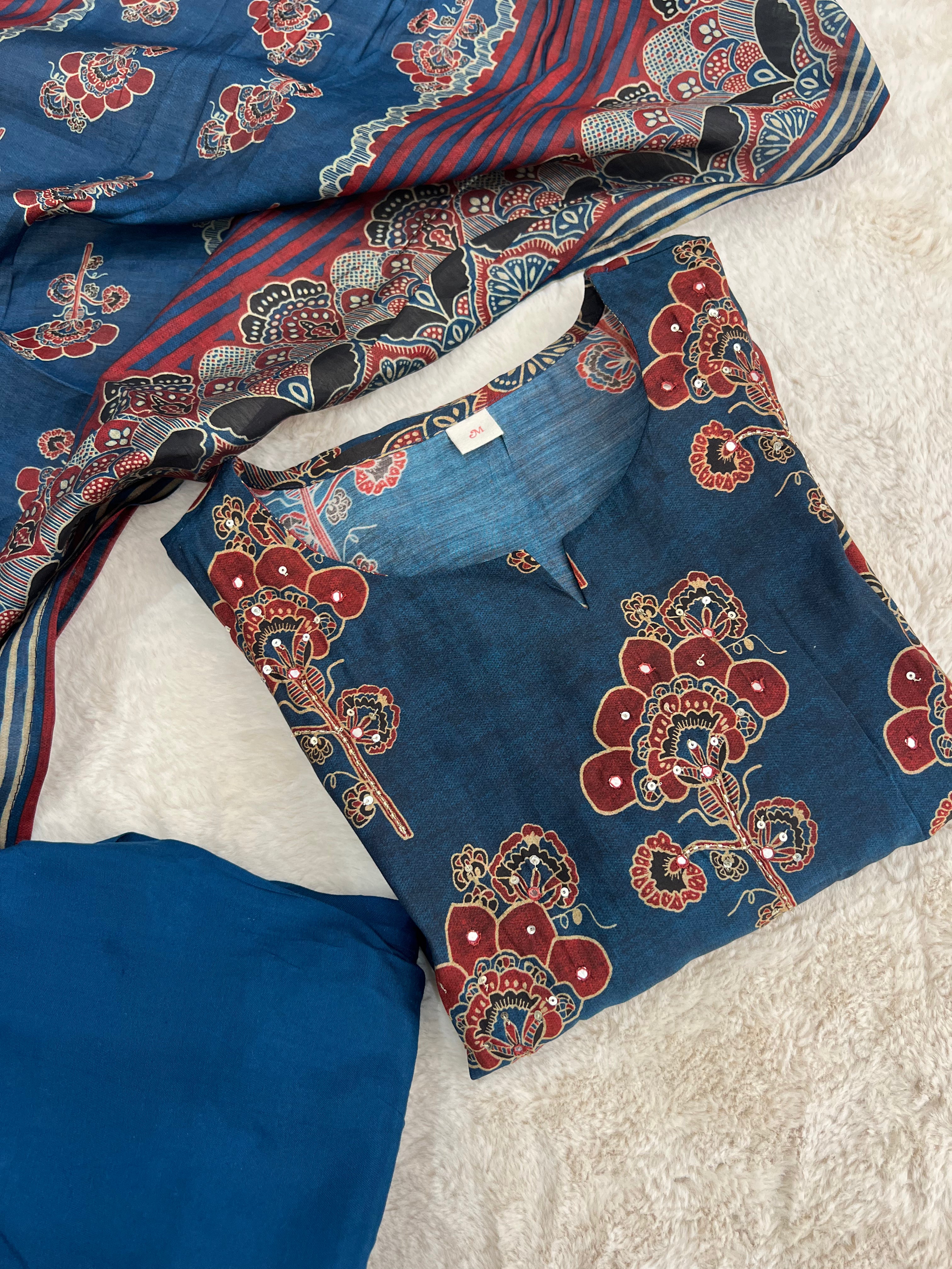 Indigo & Maroon Handblock Three-Piece Kurta Set