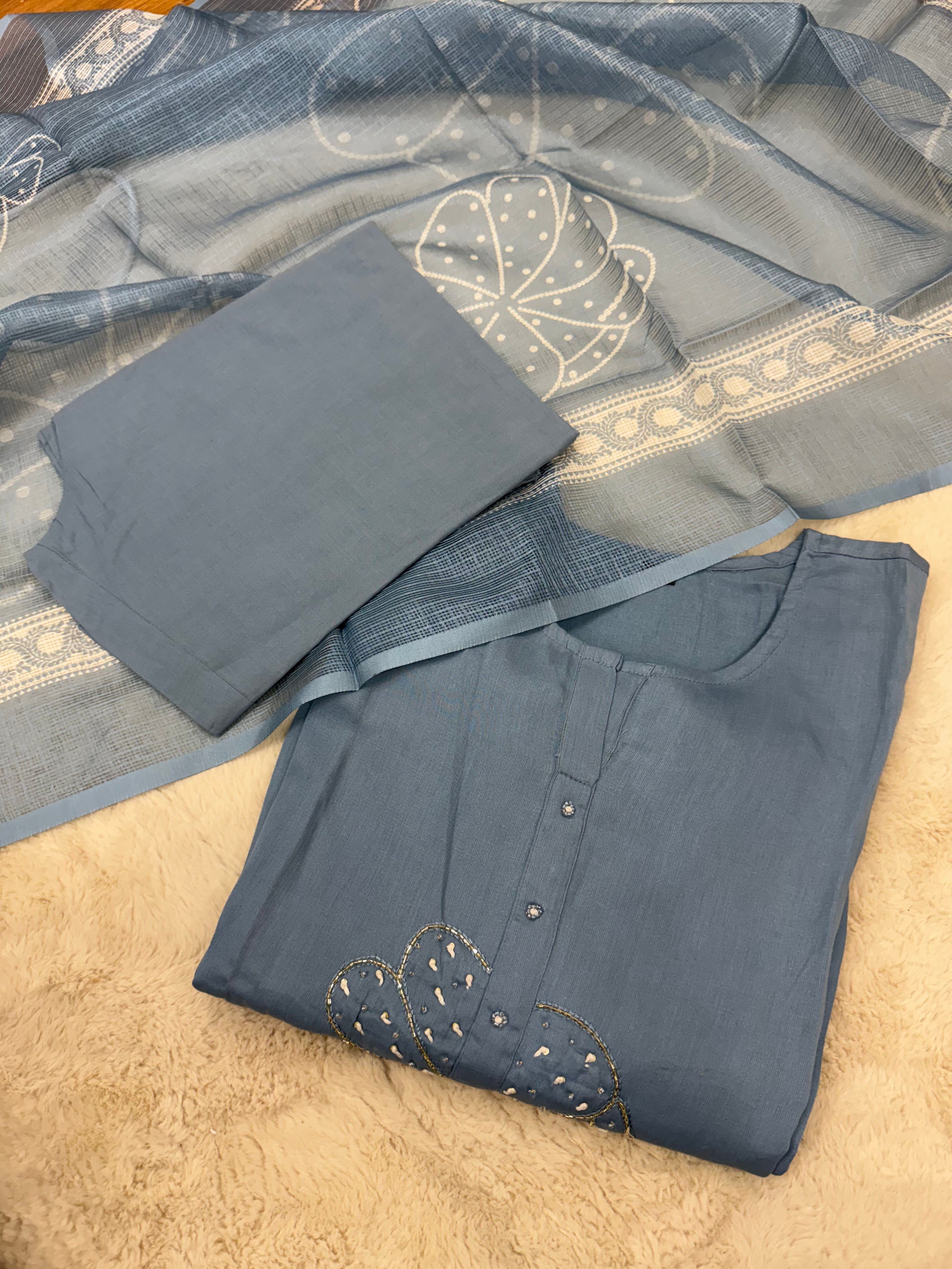 Dusty Blue Silk Cotton Three-Piece Set
