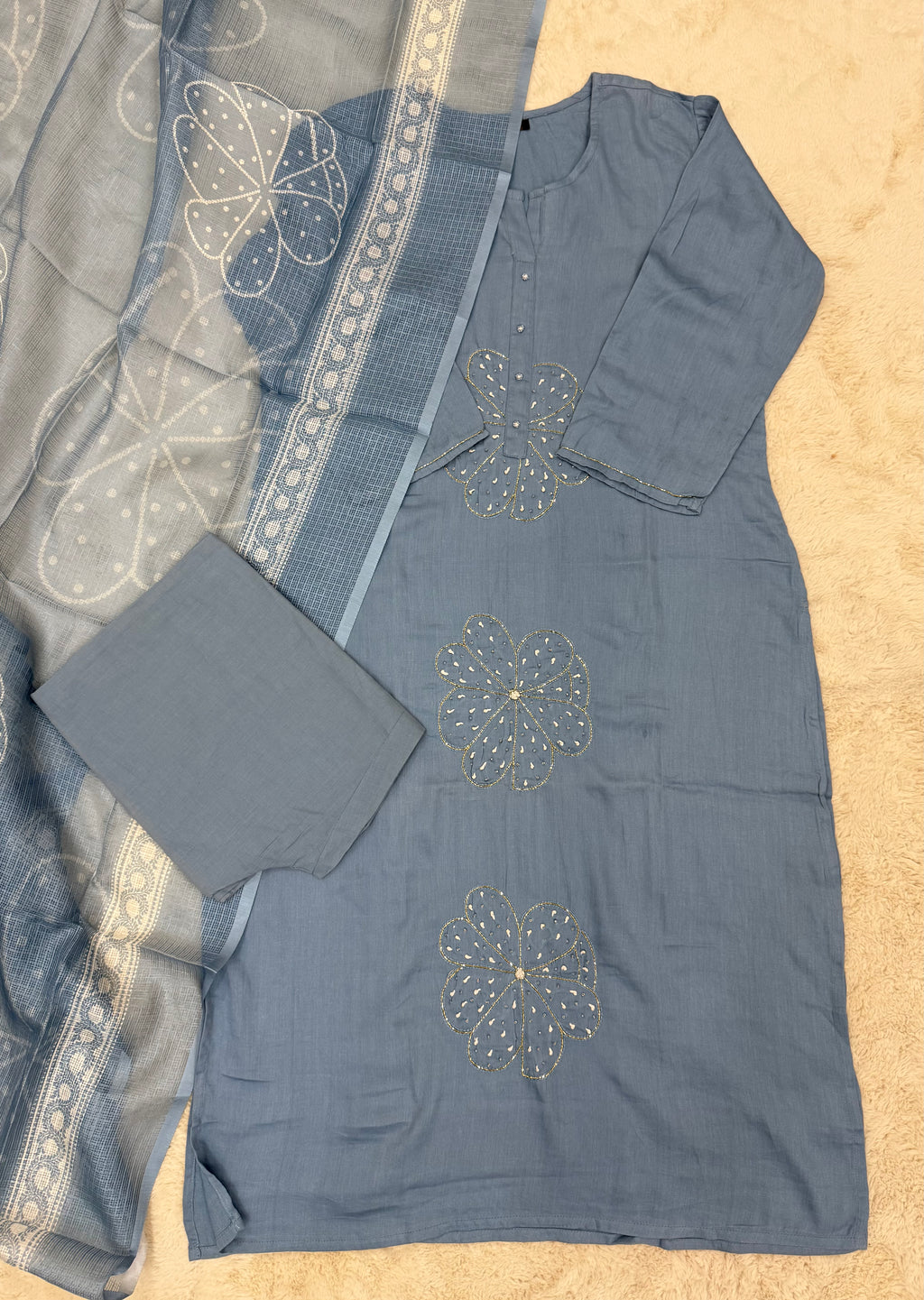 Dusty Blue Silk Cotton Three-Piece Set