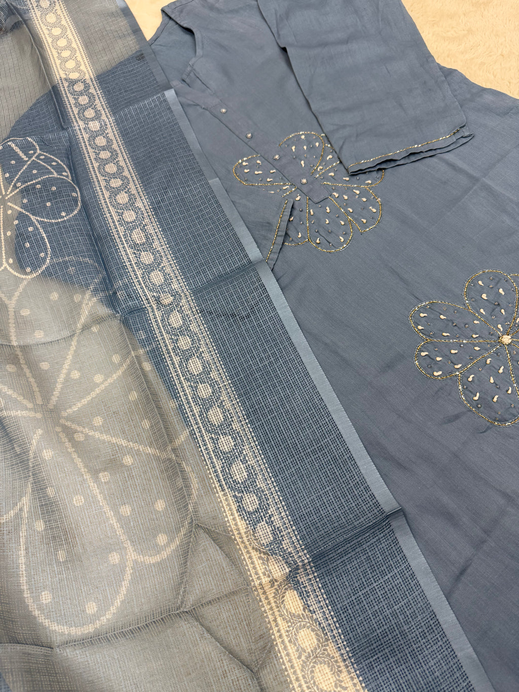 Dusty Blue Silk Cotton Three-Piece Set