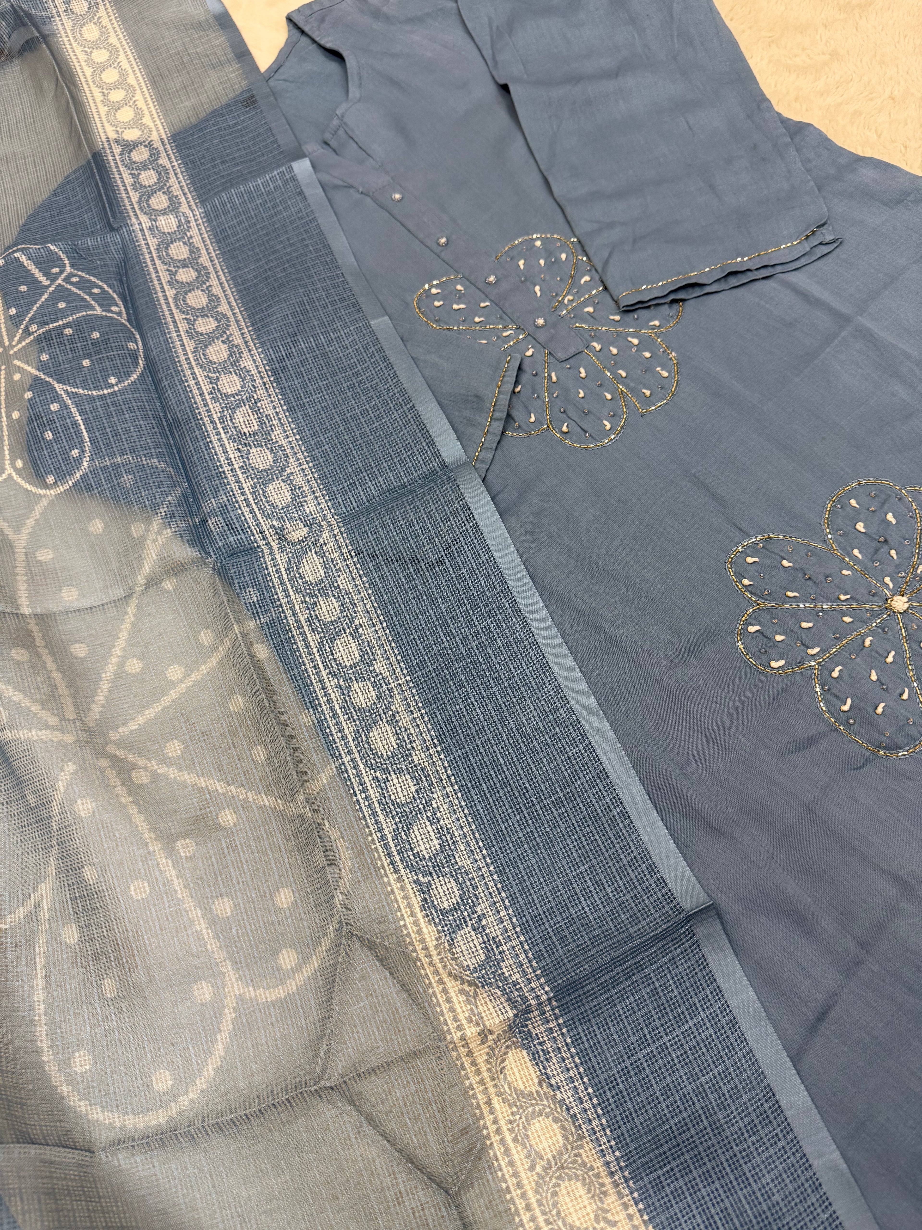 Dusty Blue Silk Cotton Three-Piece Set