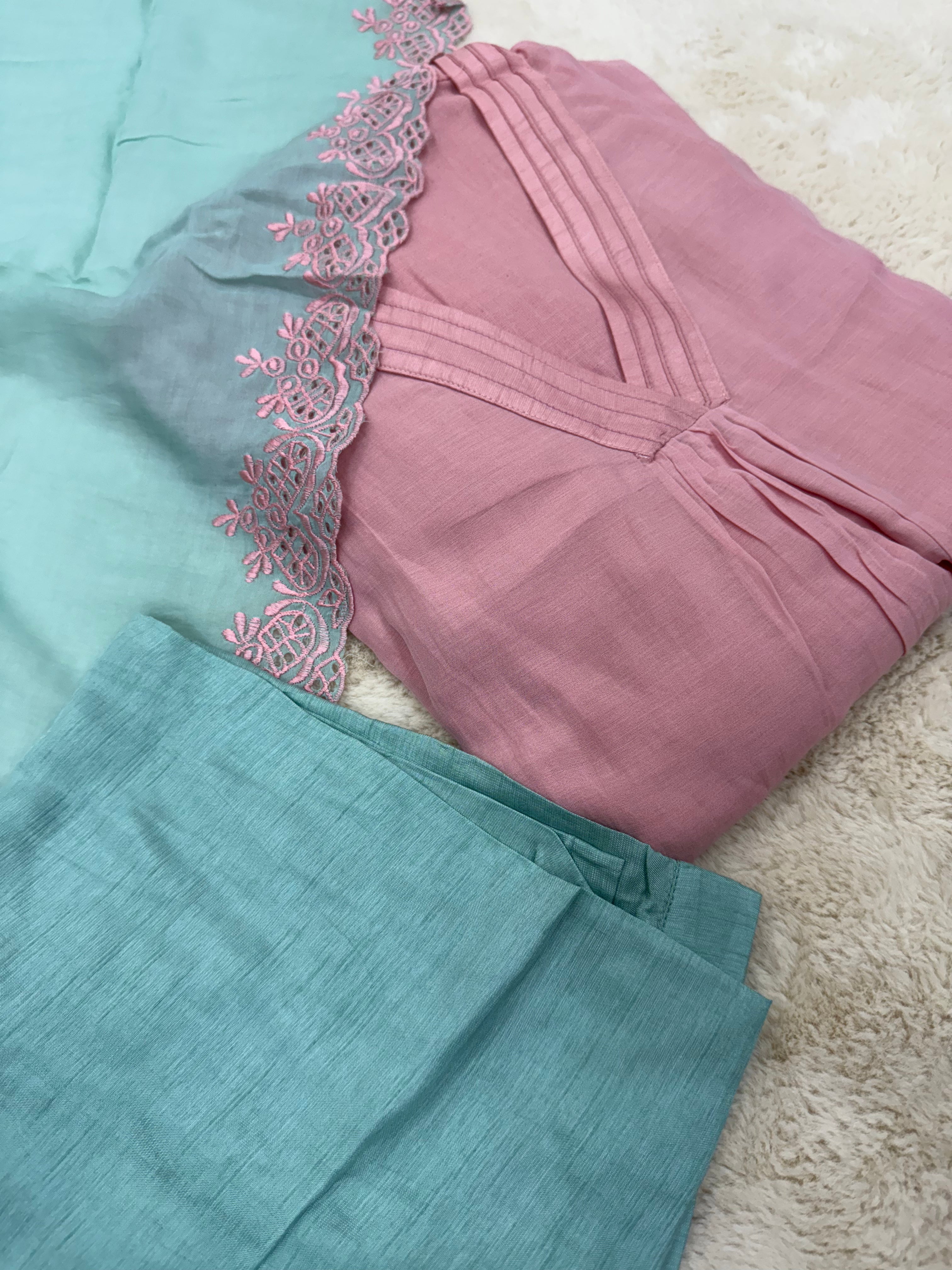 Pink & Aqua Ombre Mul Cotton Three-Piece Set