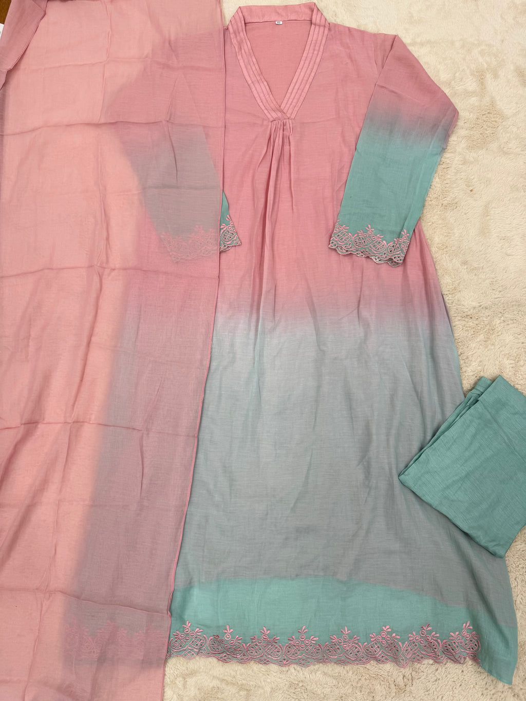 Pink & Aqua Ombre Mul Cotton Three-Piece Set