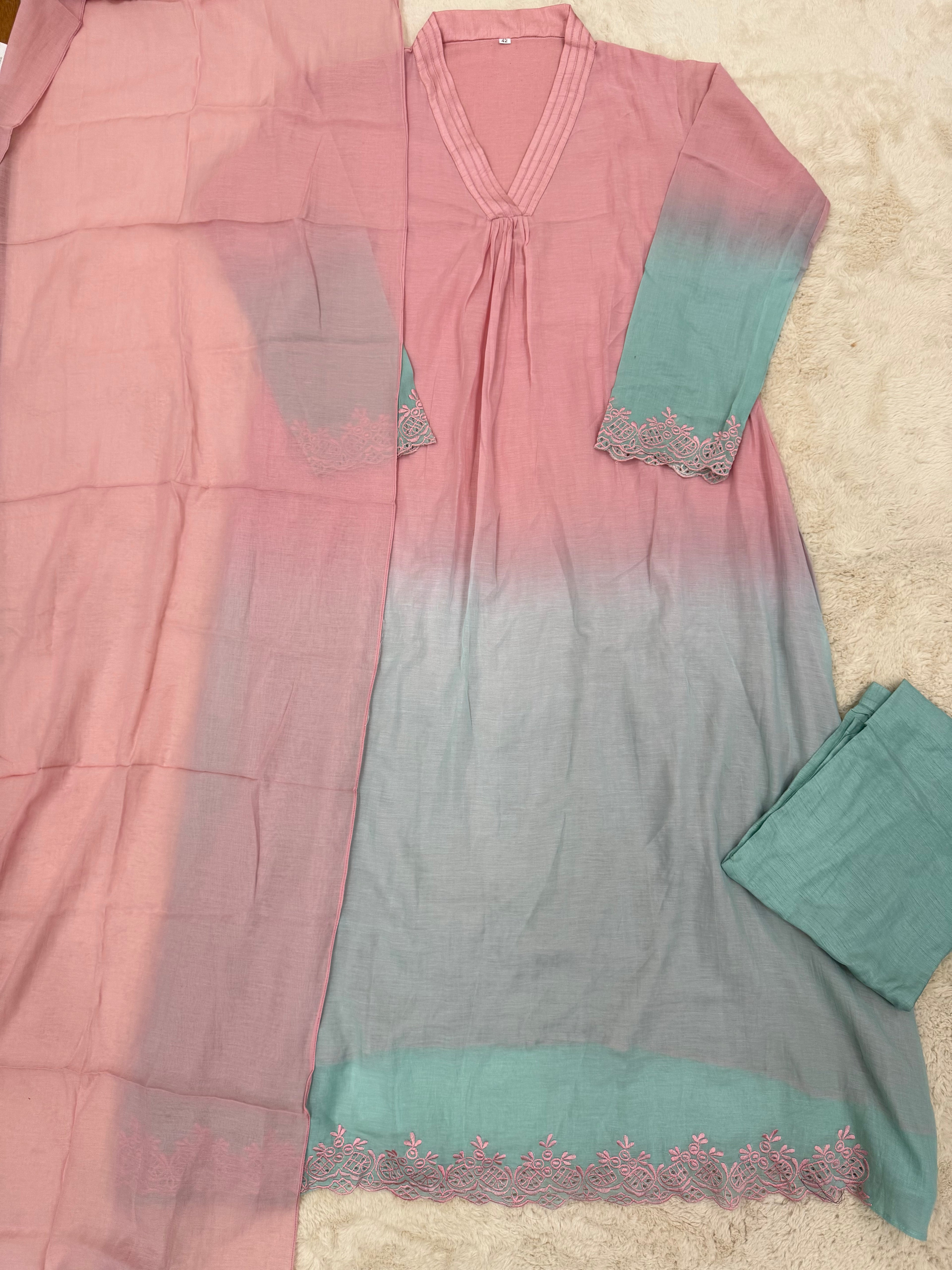 Pink & Aqua Ombre Mul Cotton Three-Piece Set