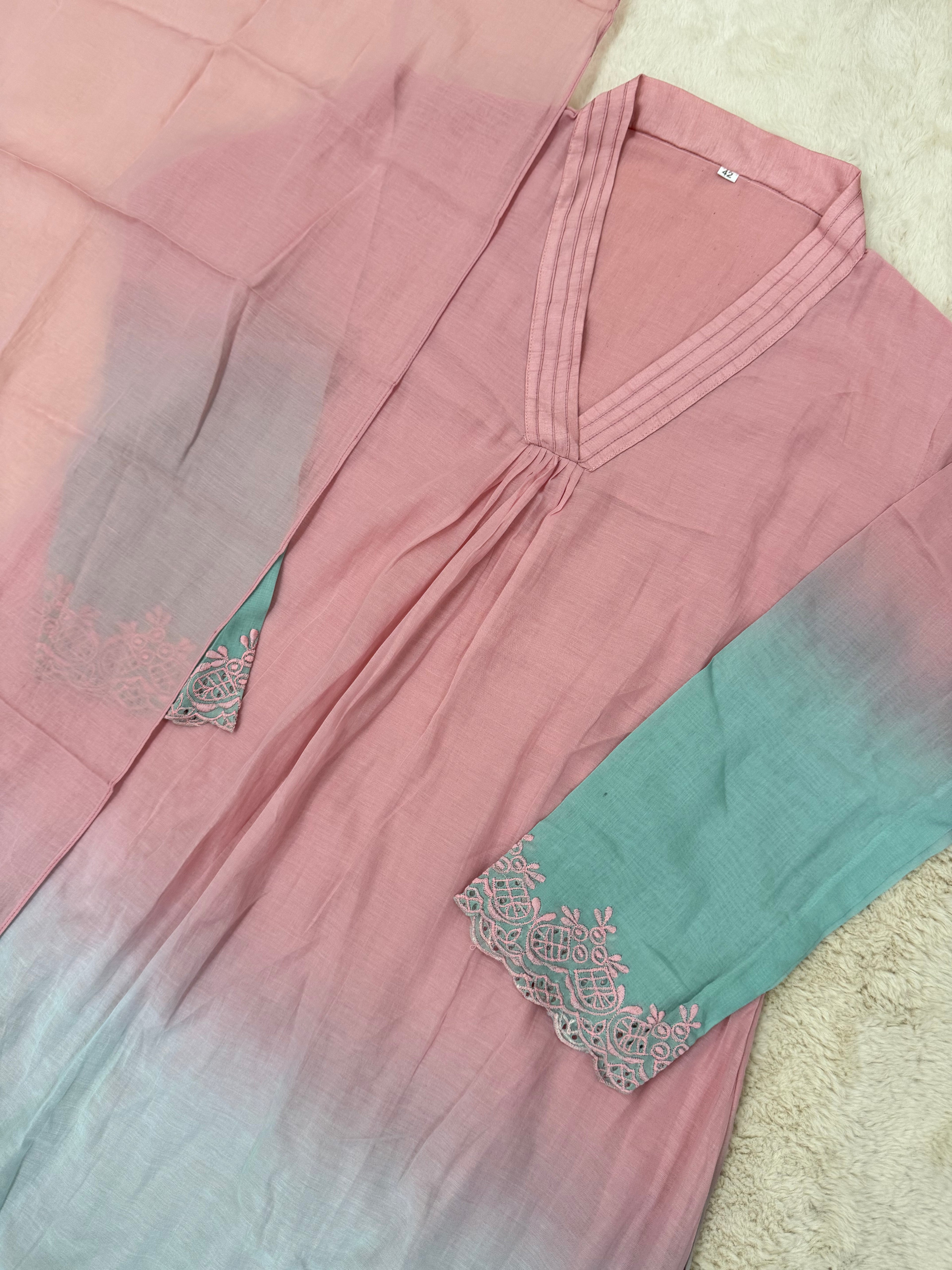 Pink & Aqua Ombre Mul Cotton Three-Piece Set