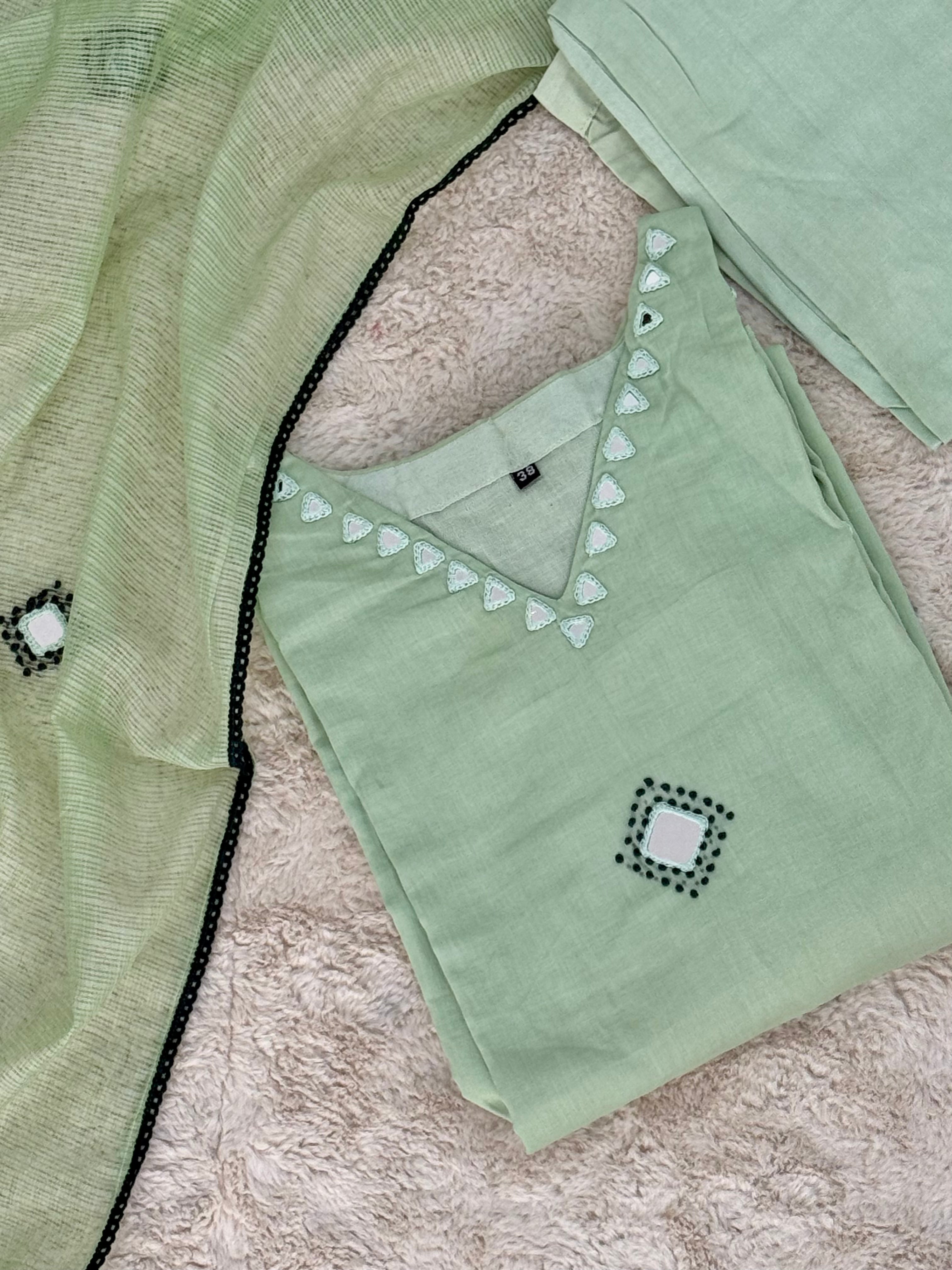 Sage Green Mul Cotton Three-Piece Set with Real Handwork Mirrors