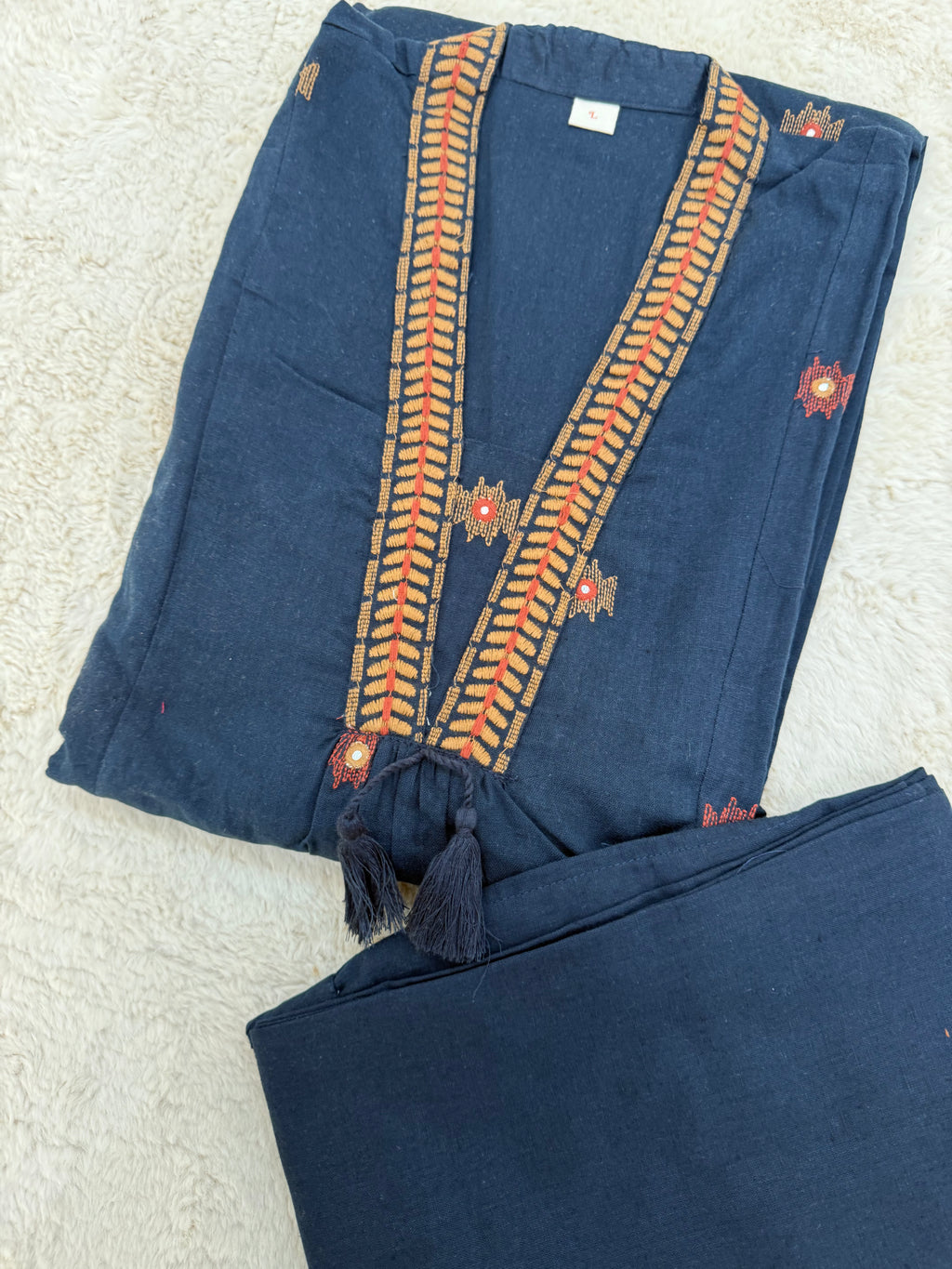 Navy Blue Embroidered Cotton Two-Piece Set